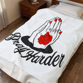 Pray Harder Velveteen Plush Blanket – Prayer Hands & Rose Graphic Throw