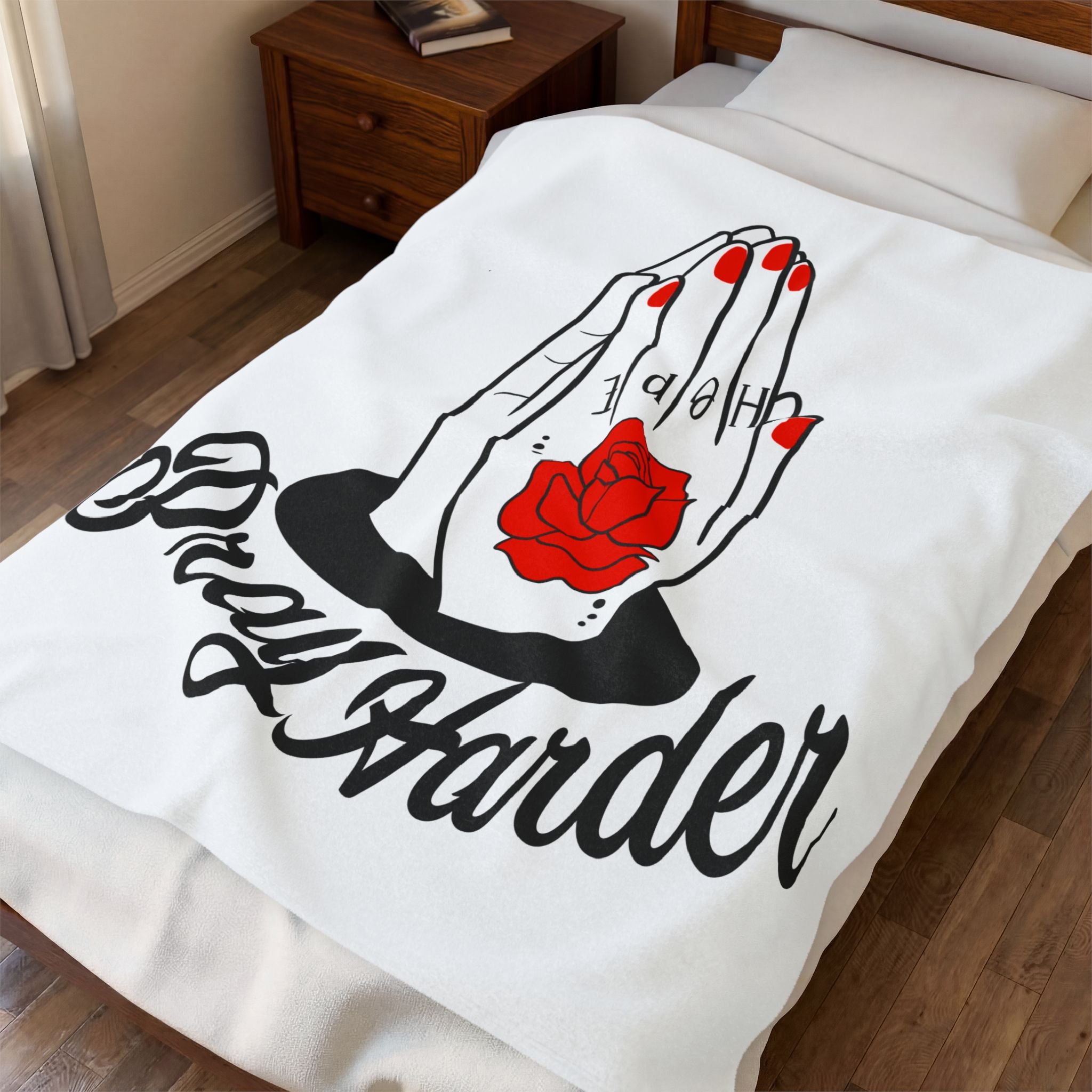 Pray Harder Velveteen Plush Blanket – Prayer Hands & Rose Graphic Throw