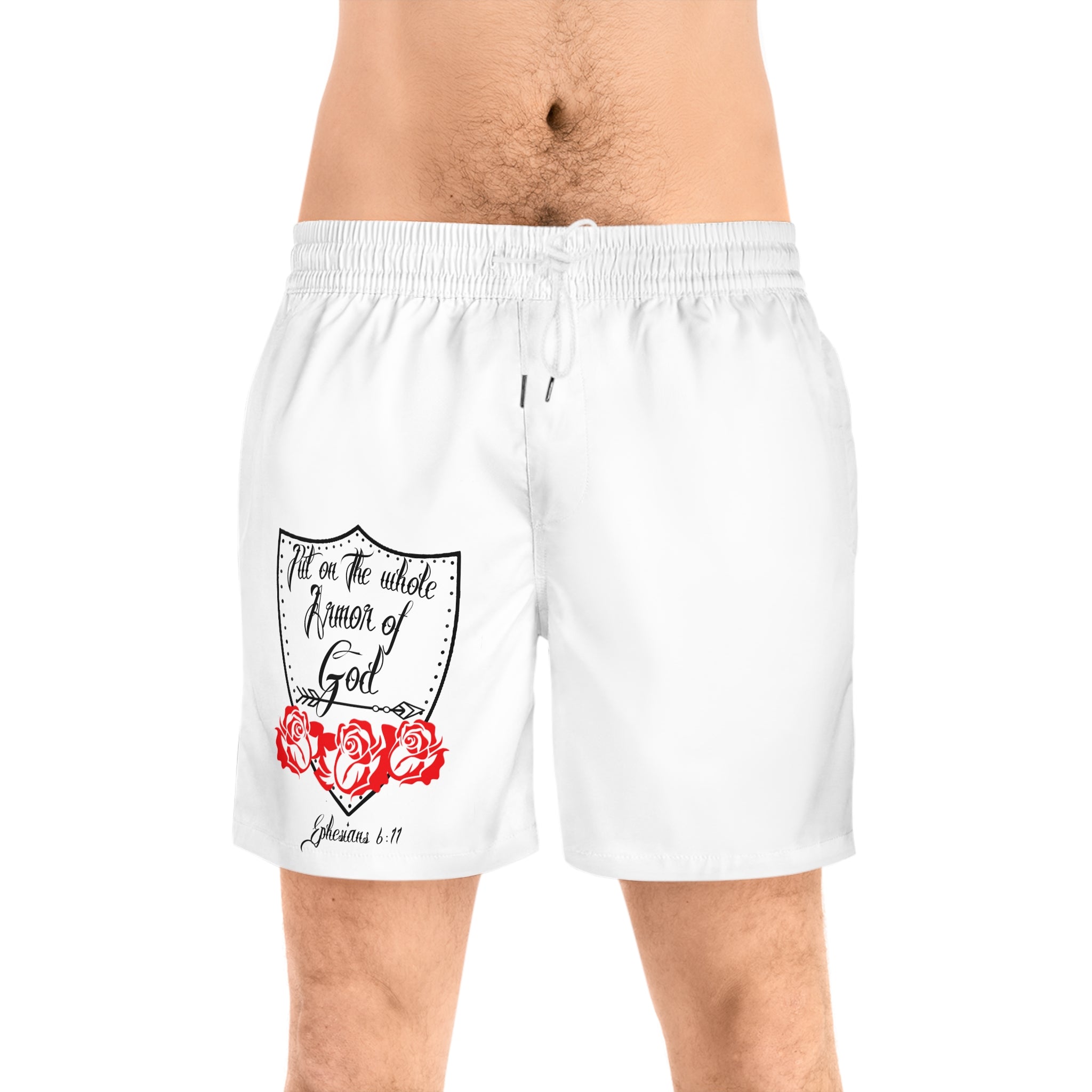 Christian Swim Shorts — "Put on the Whole Armor of God" Floral Men's Swim Trunks
