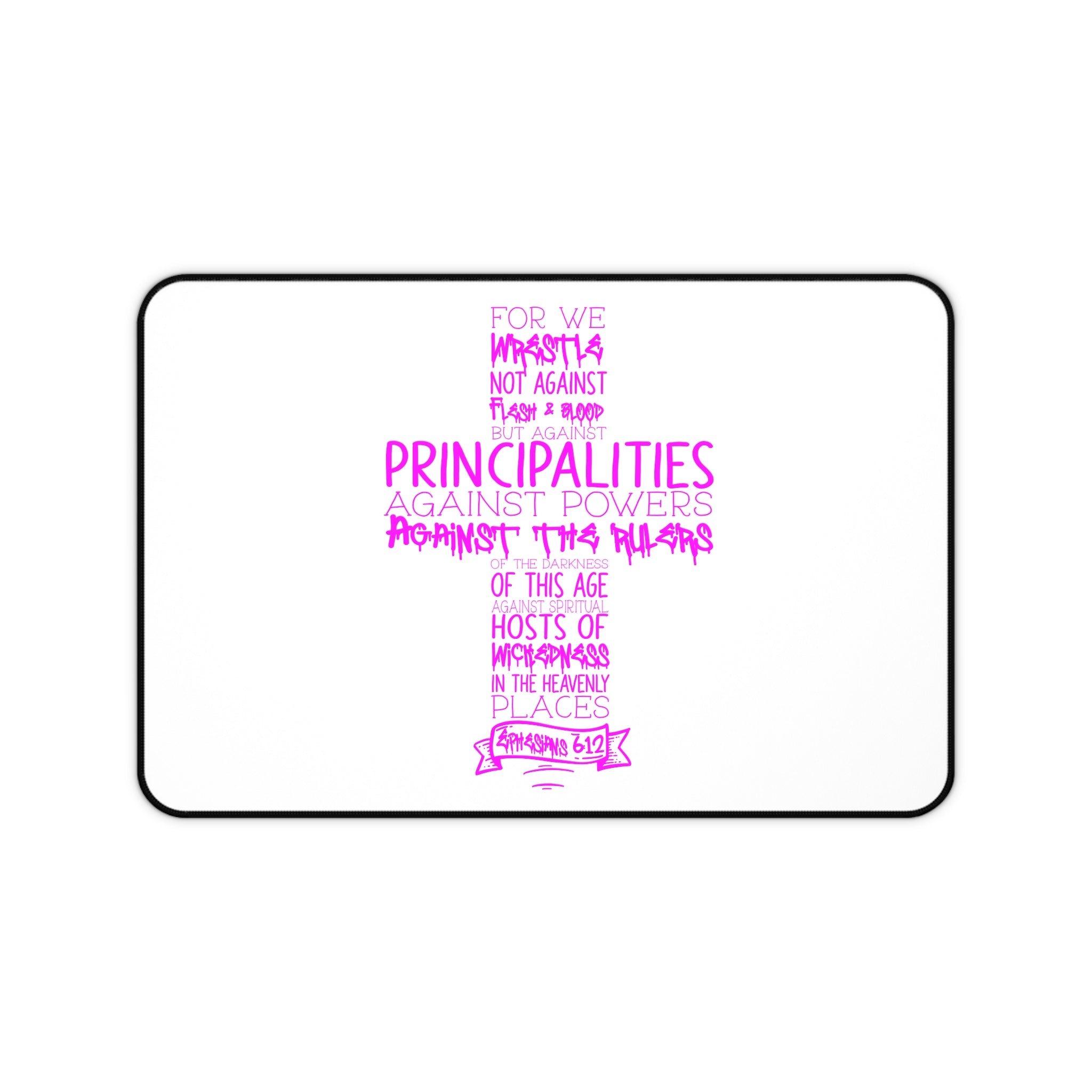 Christian Cross Desk Mat with Ephesians 6 Armor of God Scripture — Pink Typography Mouse Pad