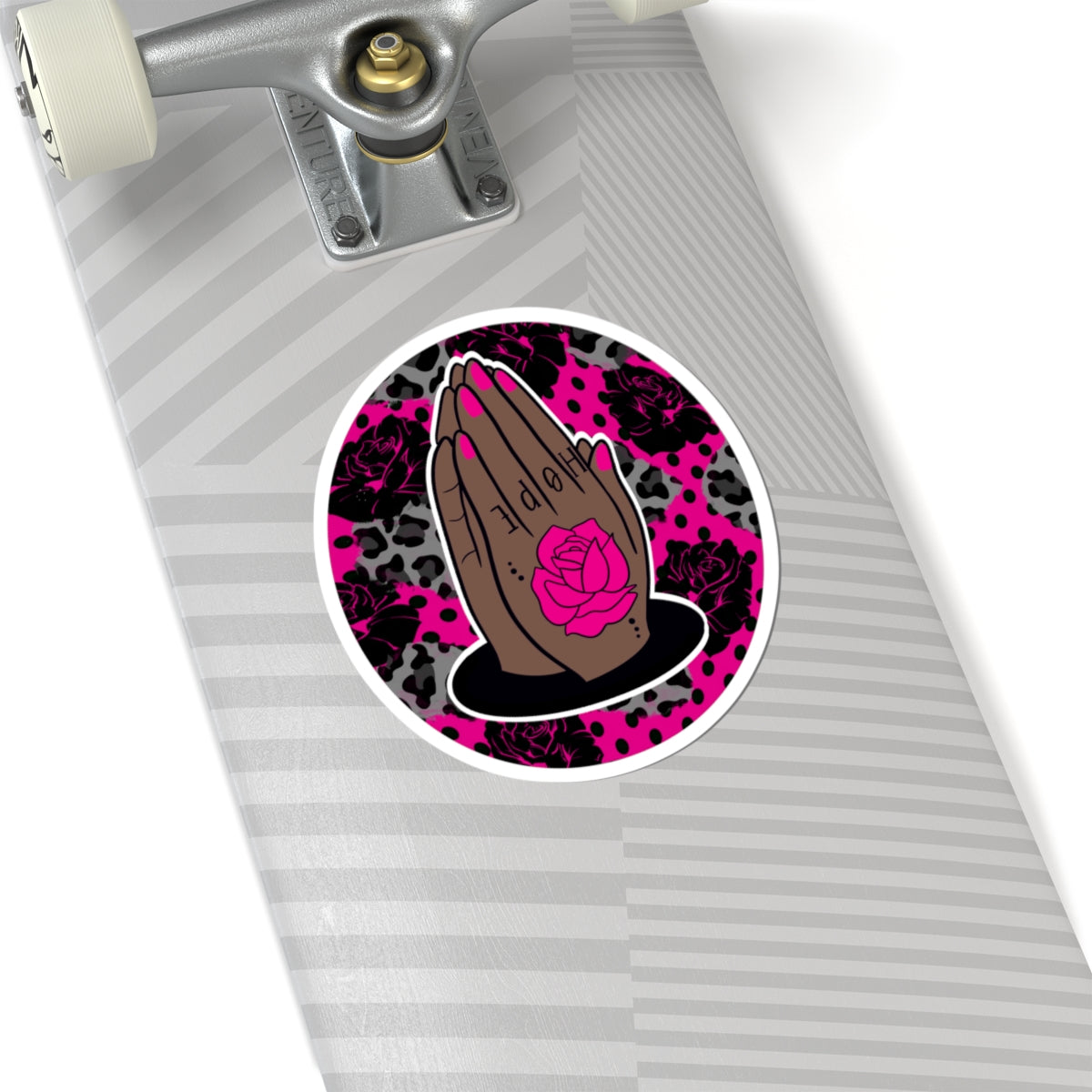 Praying Hands Rose Sticker — Pink Leopard Kiss-Cut Vinyl Sticker