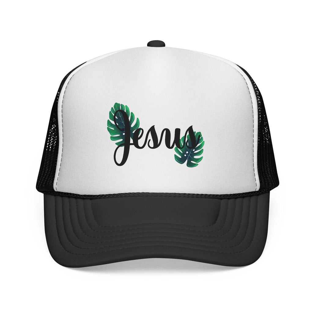 Jesus Script Trucker Cap — Tropical Leaf Faith Hat