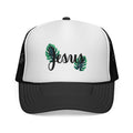 Jesus Script Trucker Cap — Tropical Leaf Faith Hat