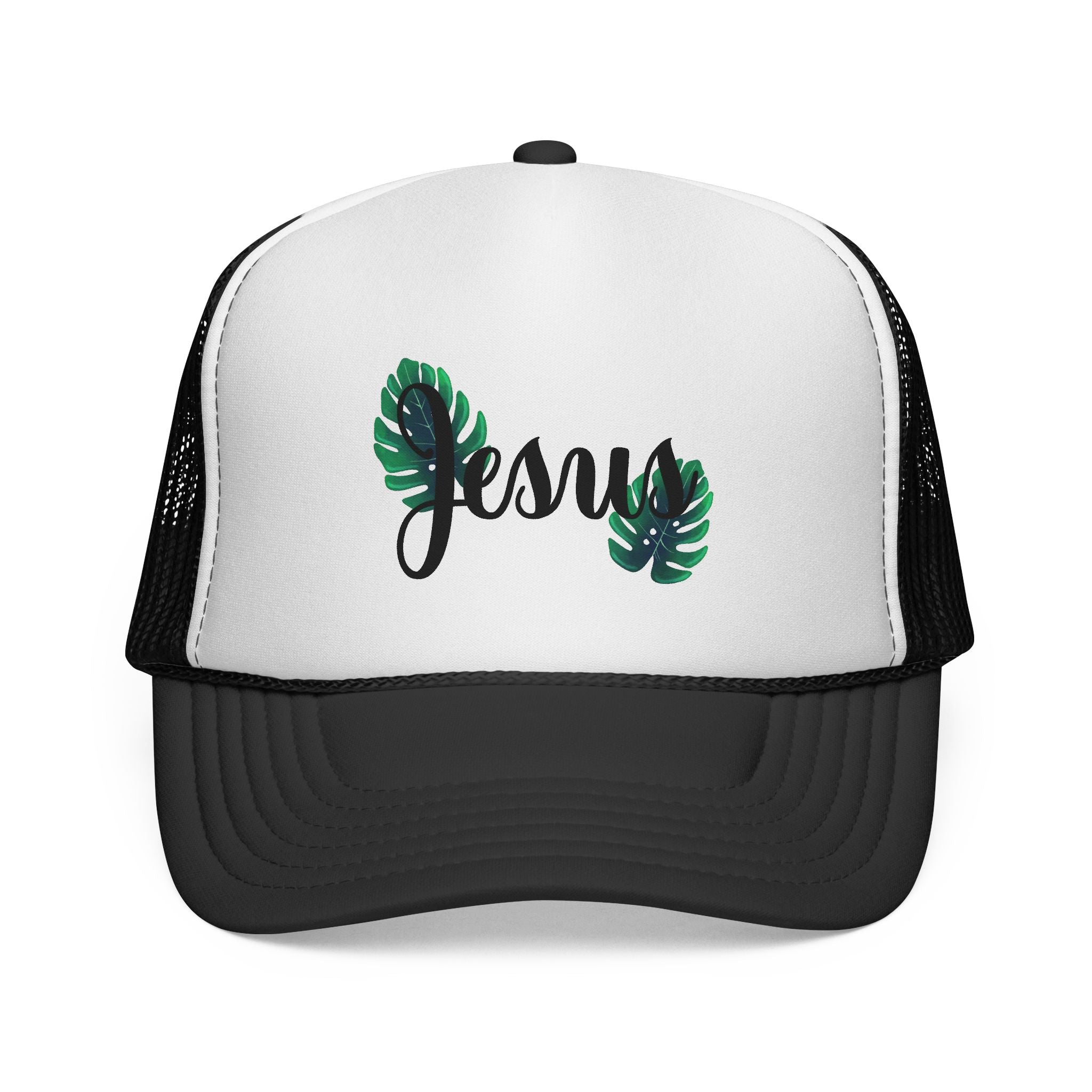 Jesus Script Trucker Cap — Tropical Leaf Faith Hat