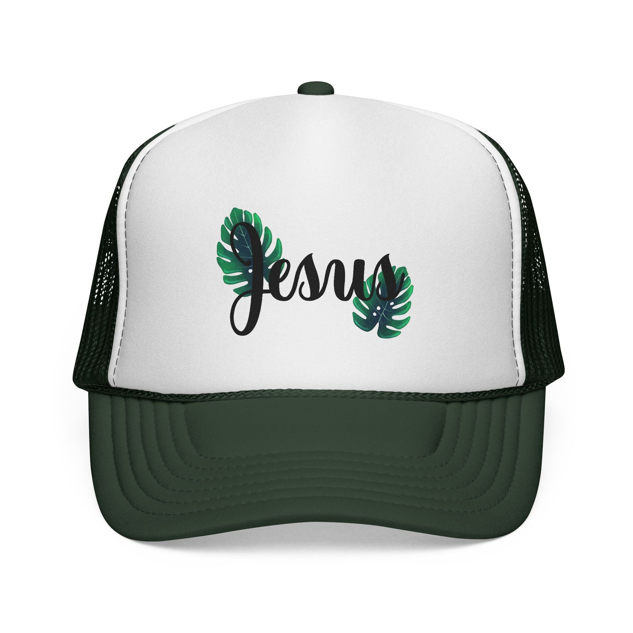 Jesus Script Trucker Cap — Tropical Leaf Faith Hat