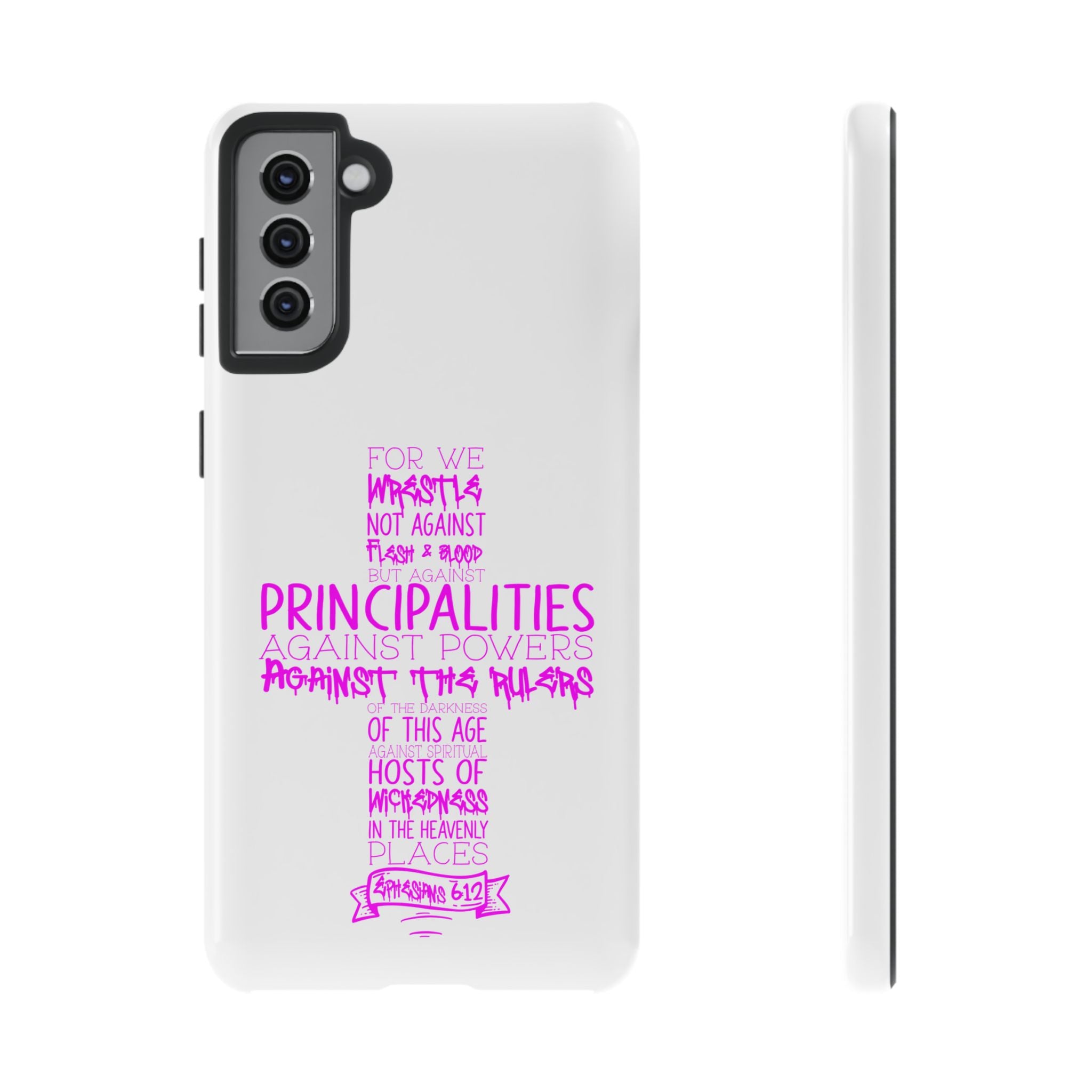Armor of God Christian Cross Phone Case — Ephesians 6:12 Pink Typography Tough Case