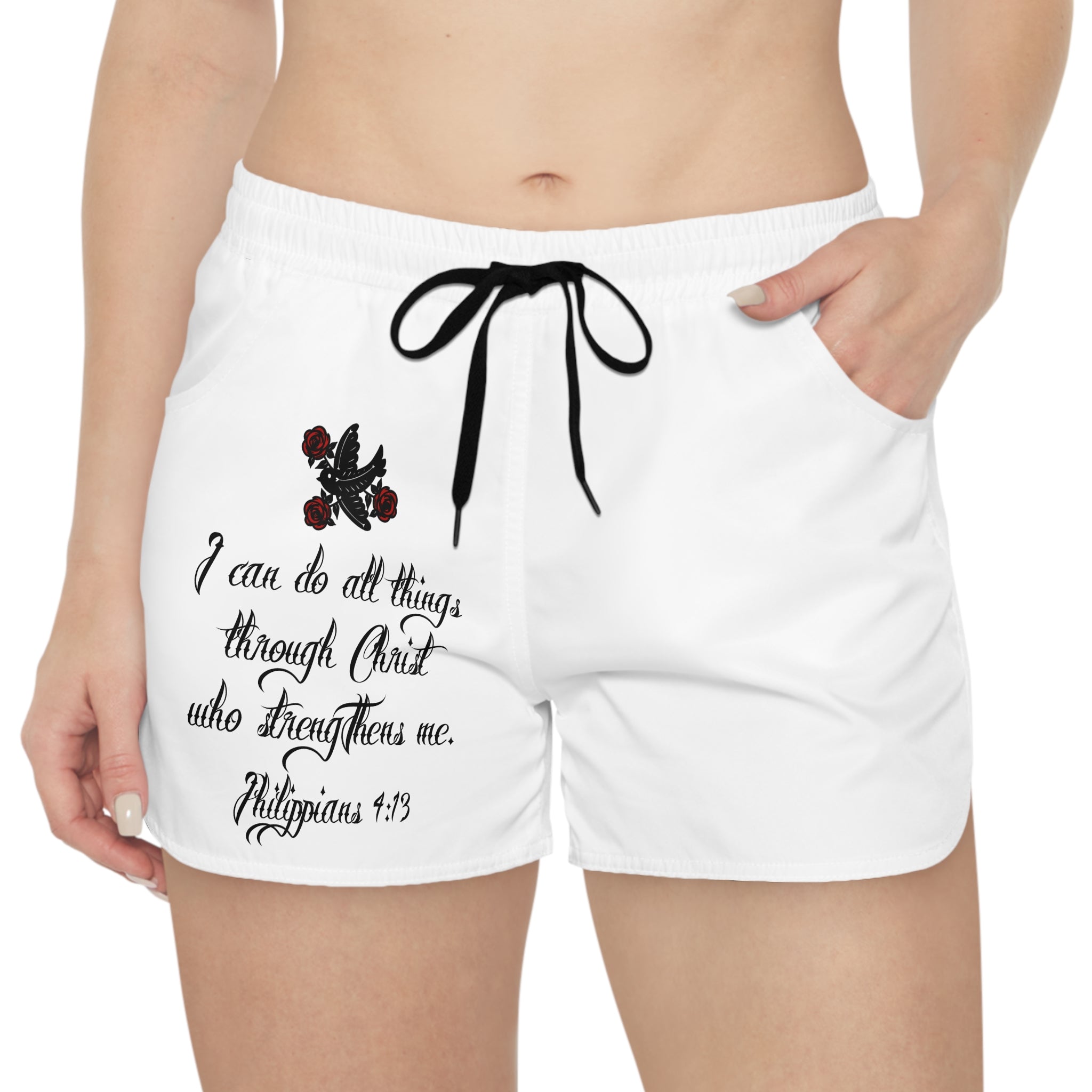 Faith Script Women's Shorts — "I Can Do All Things Through Christ" Scripture Lounge Shorts