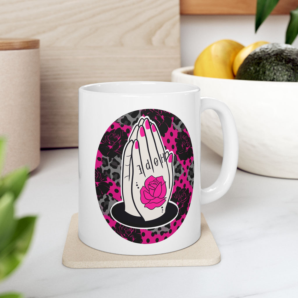 Pink & Black Leopard Hope Mug — Prayer Hands Coffee Cup (11oz, 15oz)