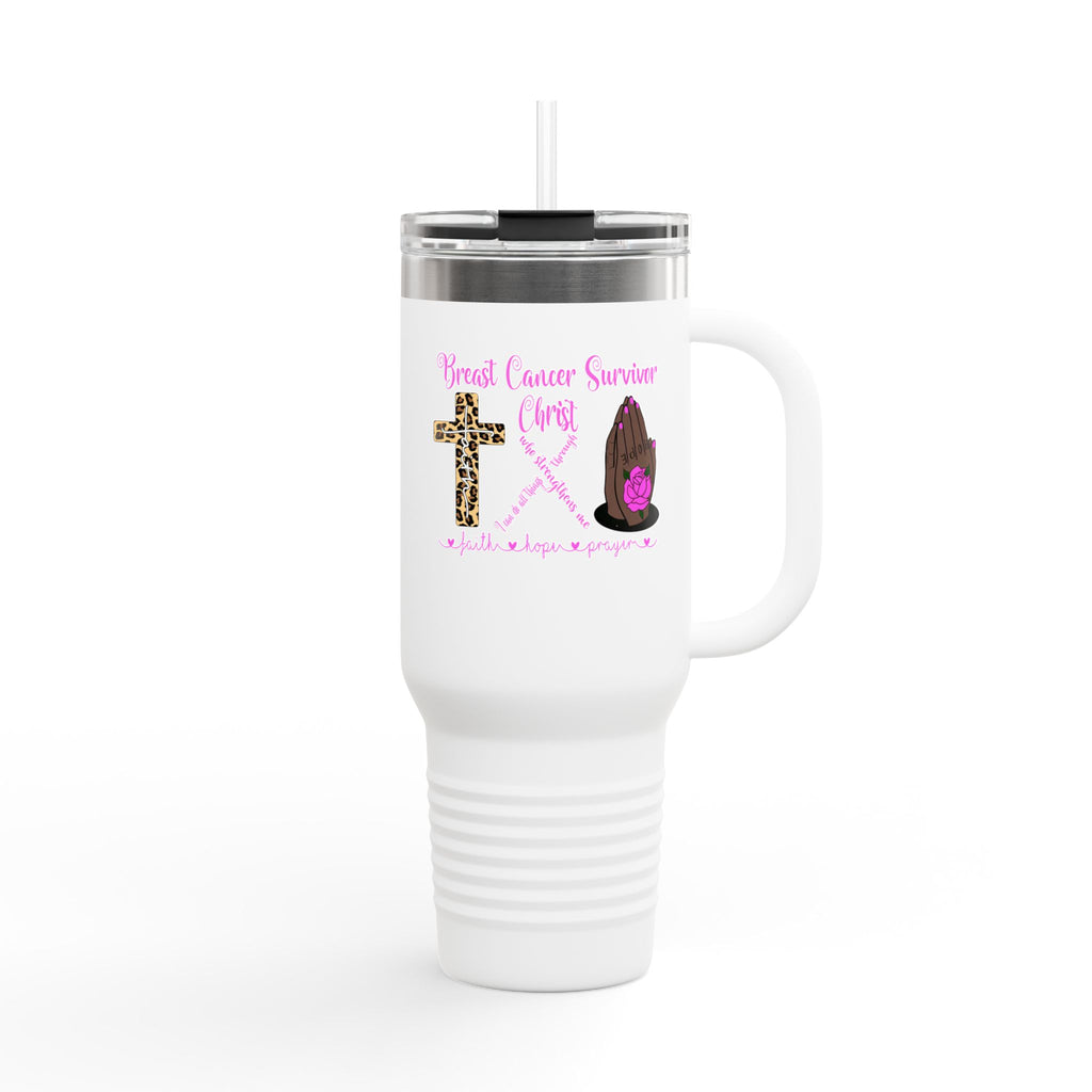 40oz Insulated Travel Mug – 'Breast Cancer Survivor' Cross & Pink Ribbon Design