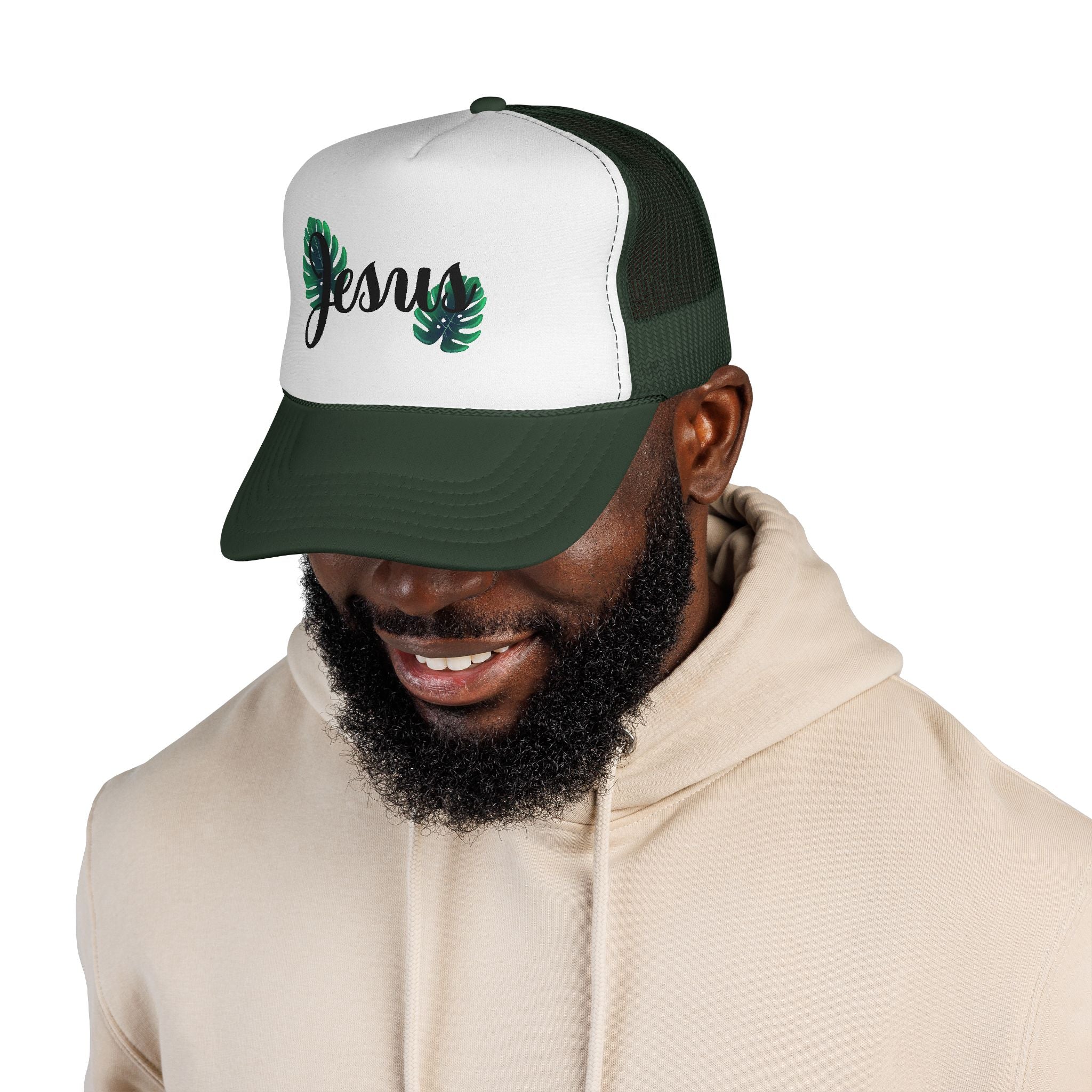 Jesus Script Trucker Cap — Tropical Leaf Faith Hat
