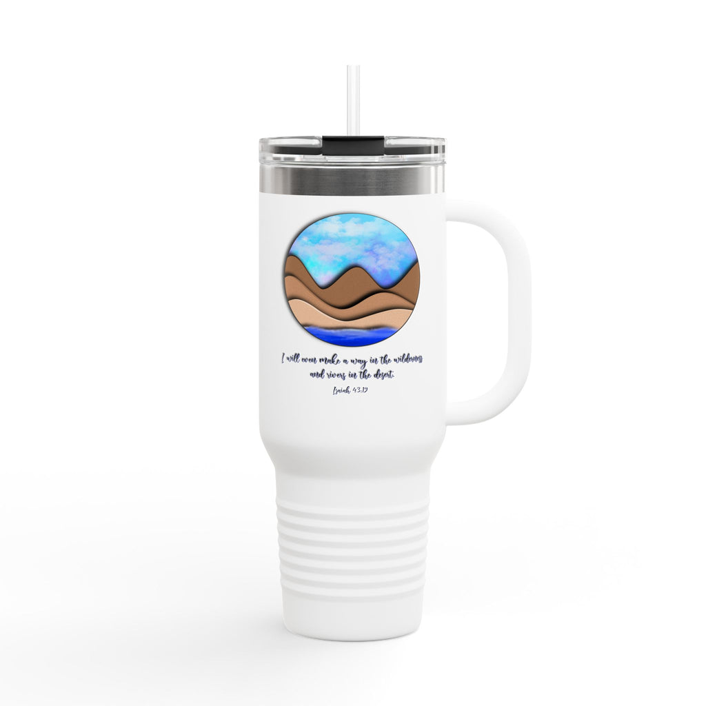 40oz Insulated Travel Mug — Mountain Waves Sunset Design with Scripture