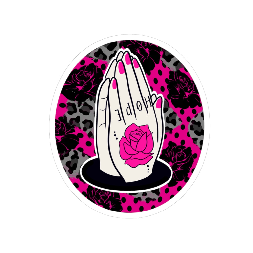 Praying Hands Rose Sticker — Pink Leopard Kiss-Cut Vinyl Sticker