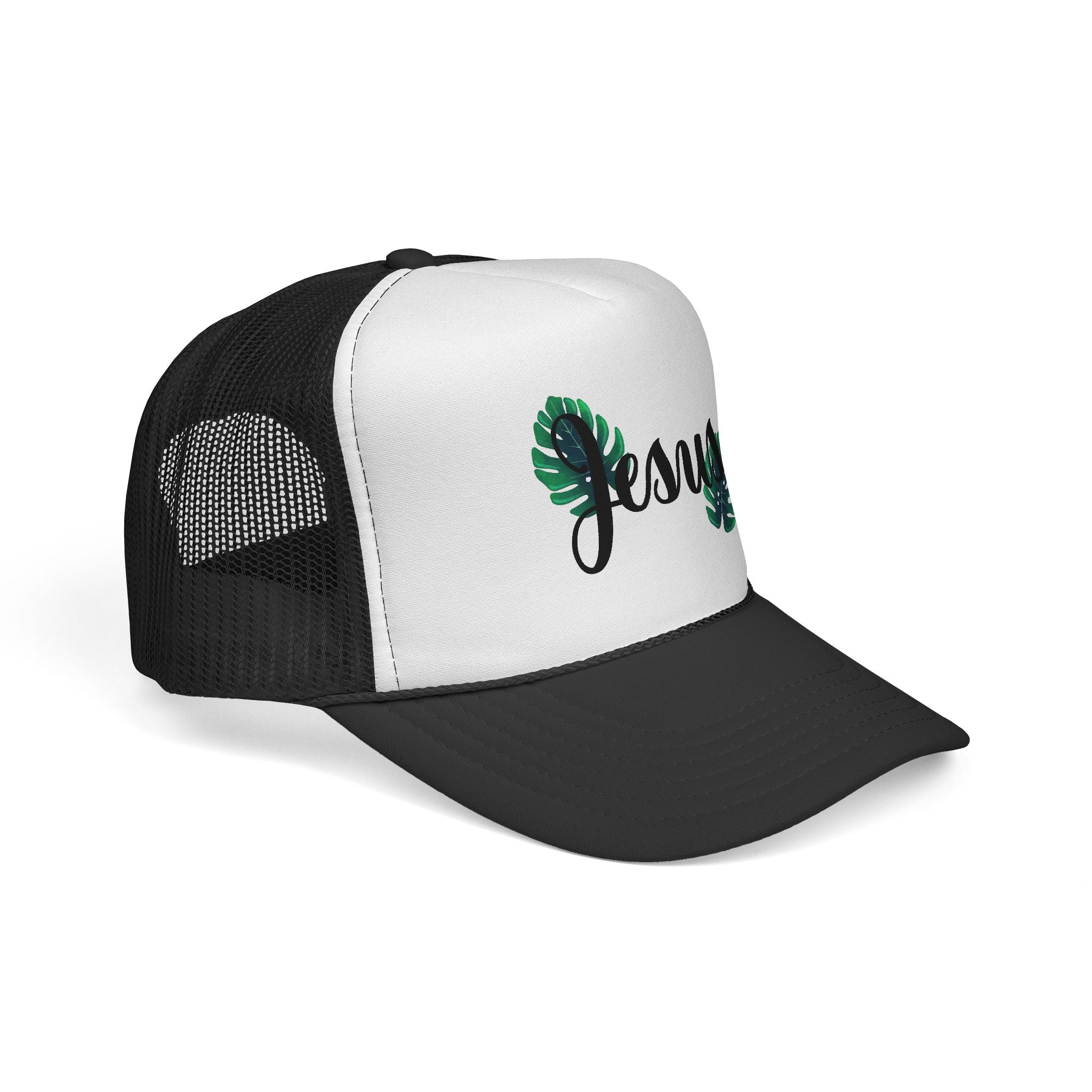 Jesus Script Trucker Cap — Tropical Leaf Faith Hat