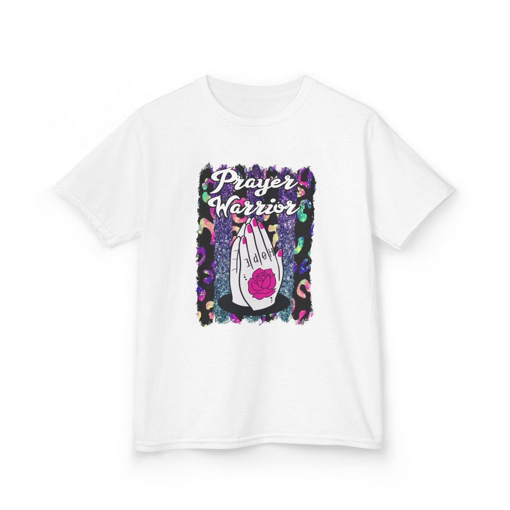 Prayer Warrior Kids T‑Shirt — Colorful Praying Hands with Rose Graphic