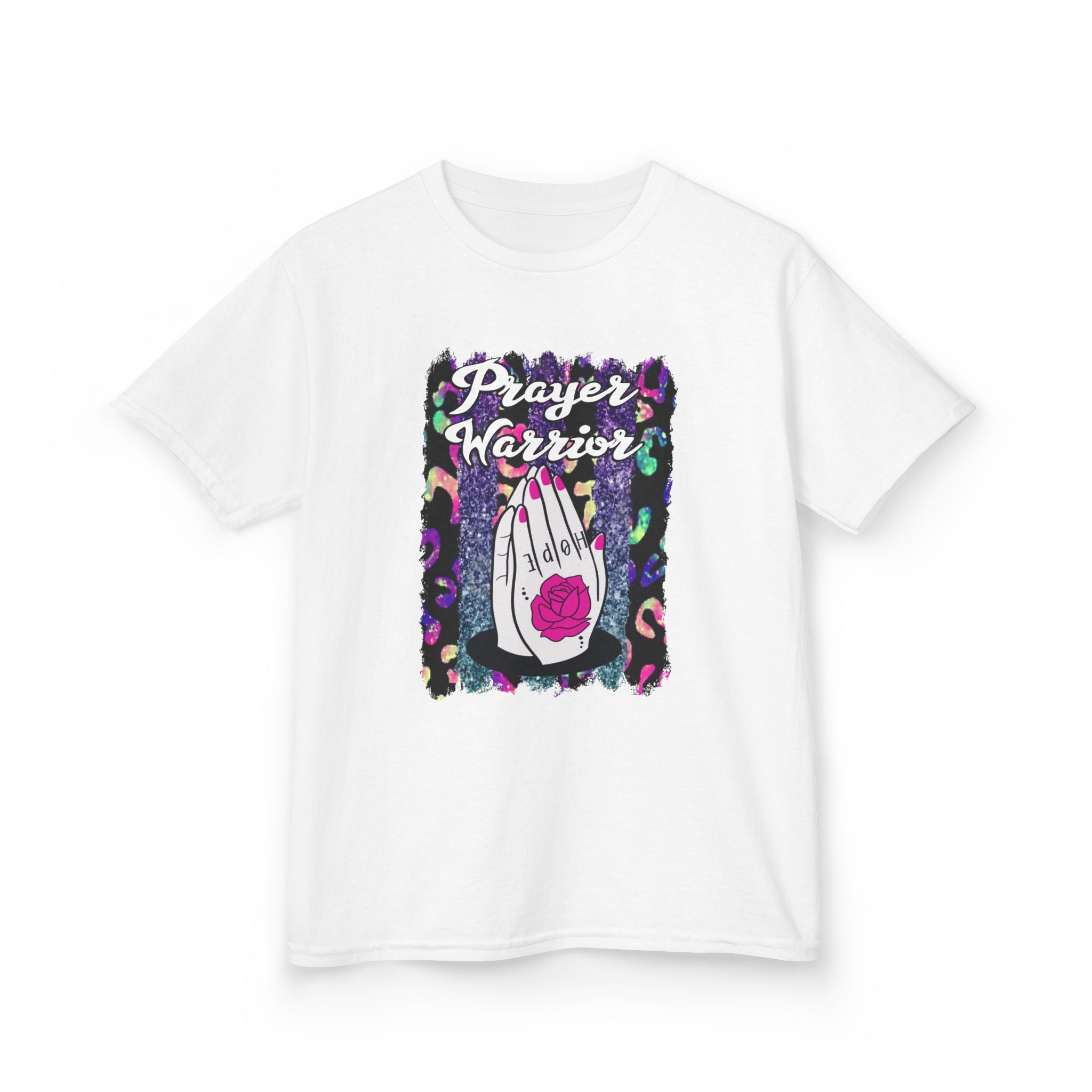 Prayer Warrior Kids T‑Shirt — Colorful Praying Hands with Rose Graphic