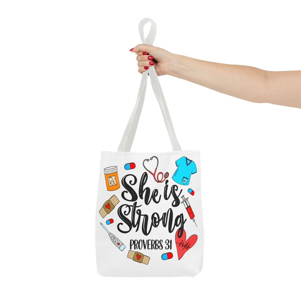 She Is Strong Tote Bag - Proverbs 31 Nurse & Healthcare Inspirational Canvas Tote