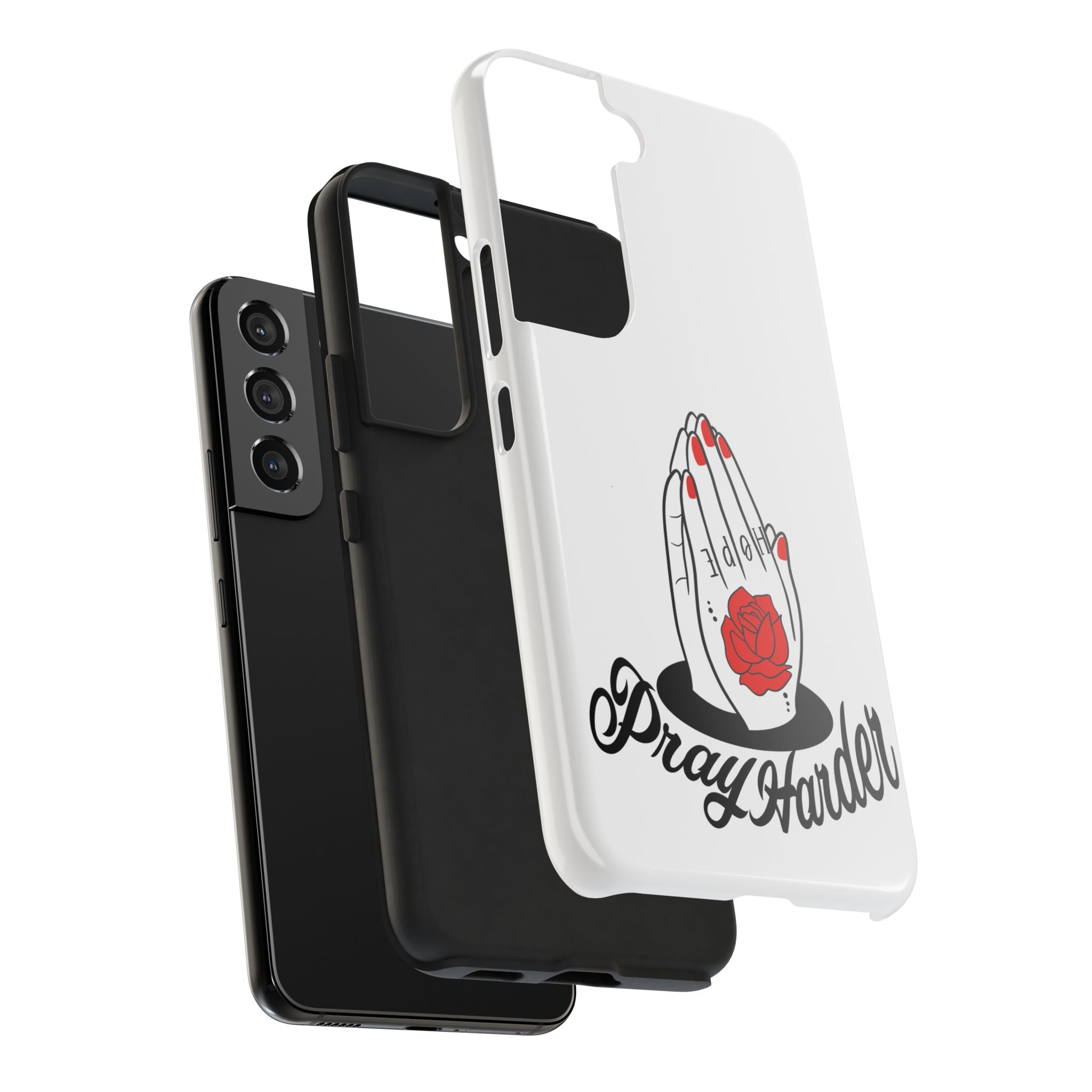 Pray Harder Phone Case — Tough Protective Phone Cover with Praying Hands & Rose Design