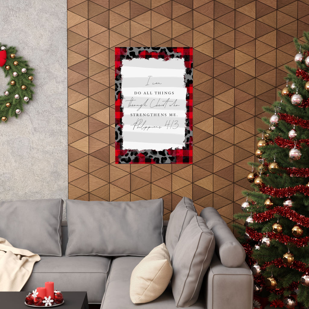 Inspirational Poster - "I can do all things through Christ" Plaid & Leopard Matte Vertical Print