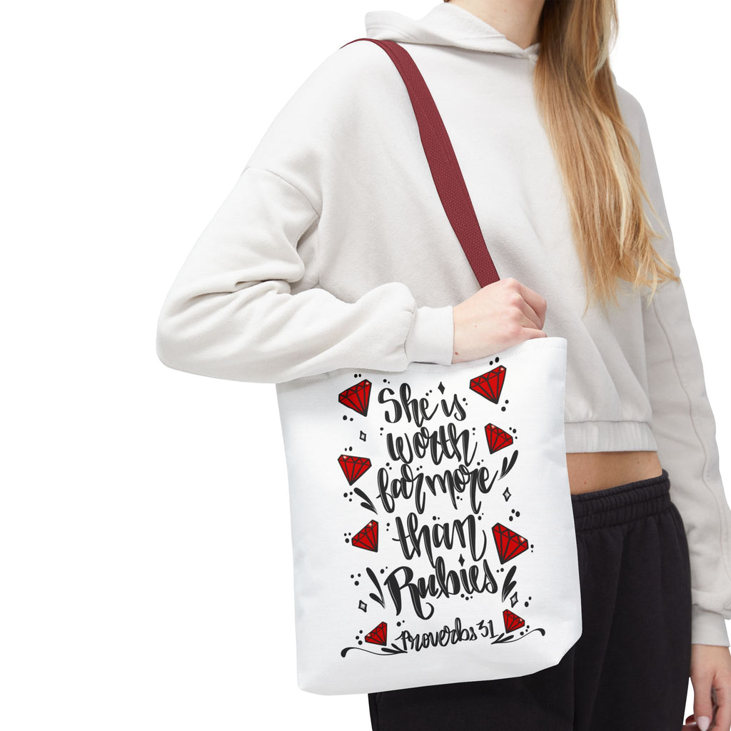 Tote Bag — "She’s Worth Far More Than Rubies" Inspirational Proverbs 31 Scripture Tote