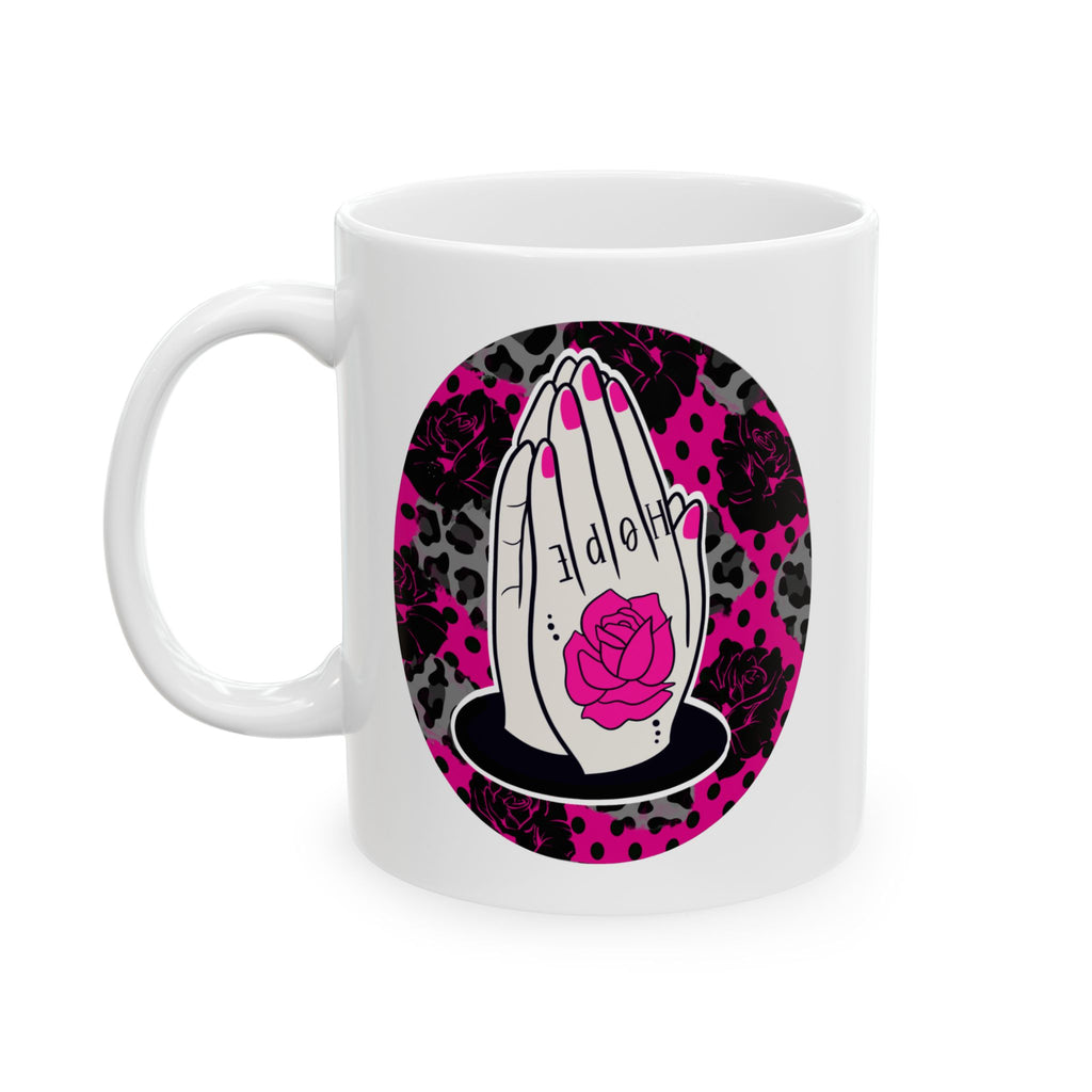Pink & Black Leopard Hope Mug — Prayer Hands Coffee Cup (11oz, 15oz)