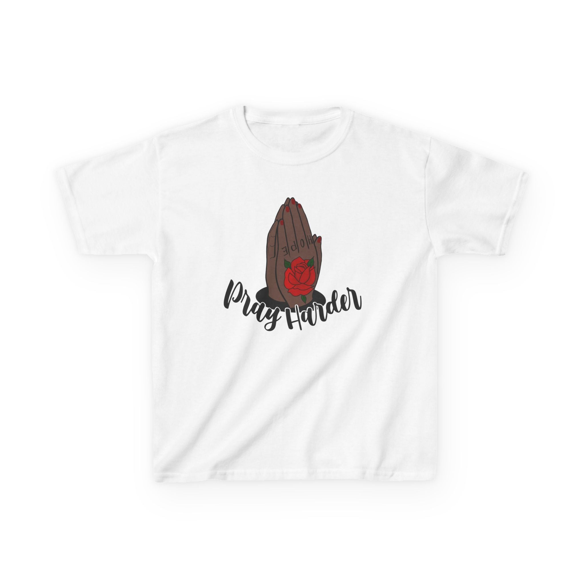 Kids Tee — Praying Hands with Rose “Pray Harder” Faith Graphic