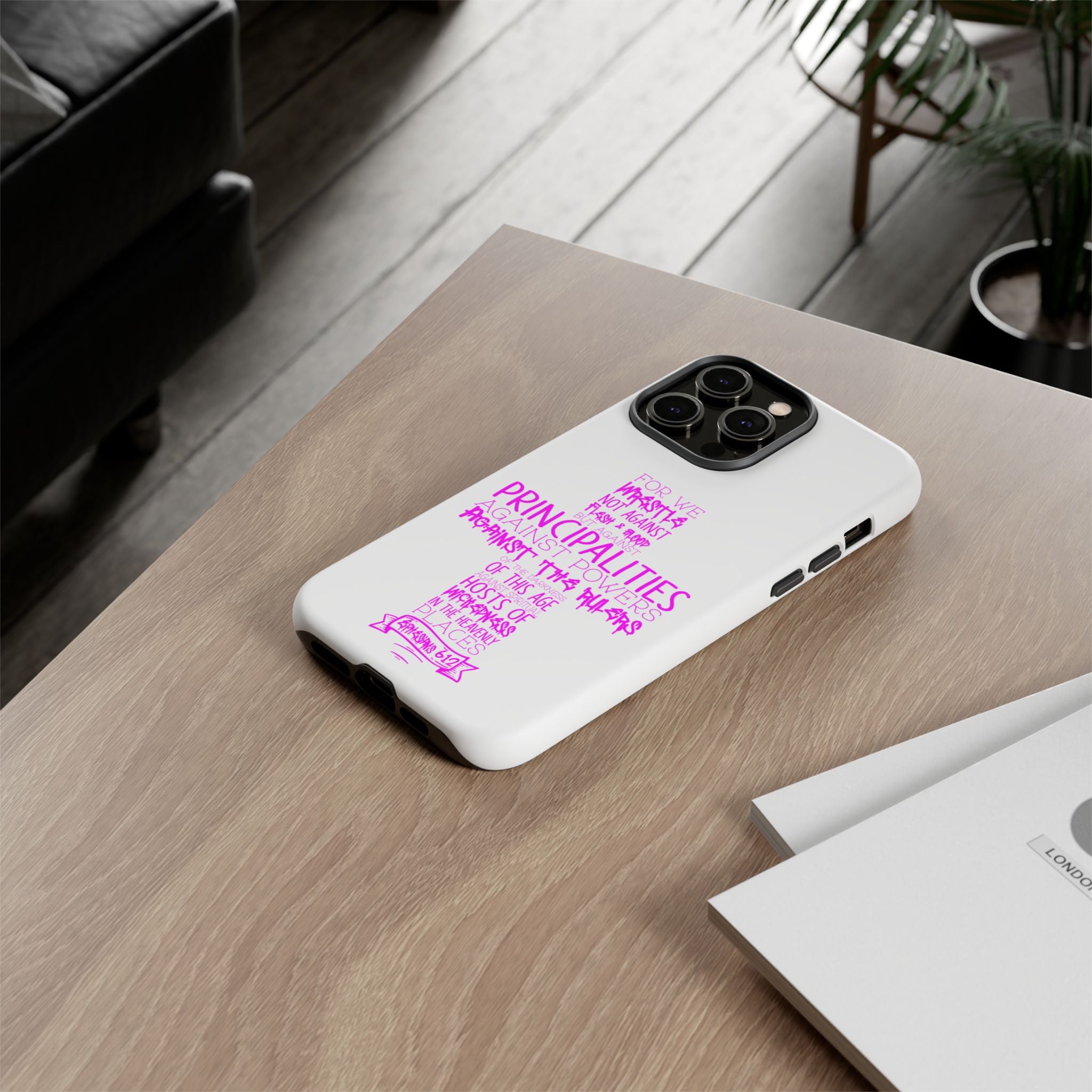 Armor of God Christian Cross Phone Case — Ephesians 6:12 Pink Typography Tough Case