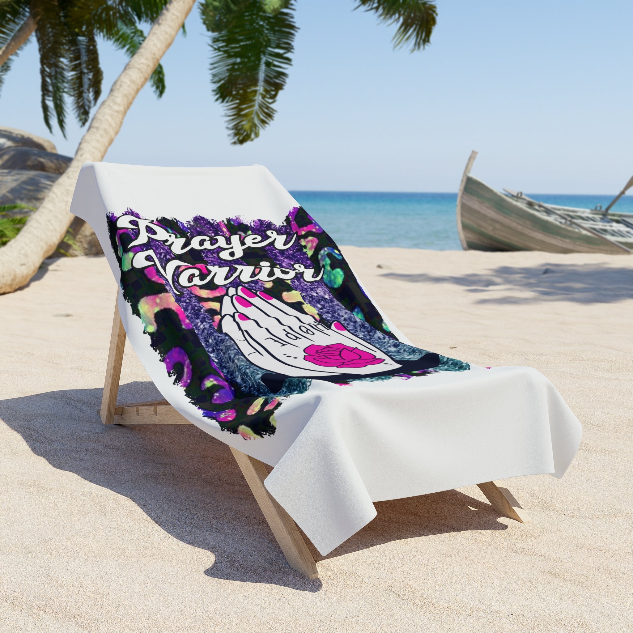 Prayer Warrior Beach Towel — Floral Praying Hands Script Design