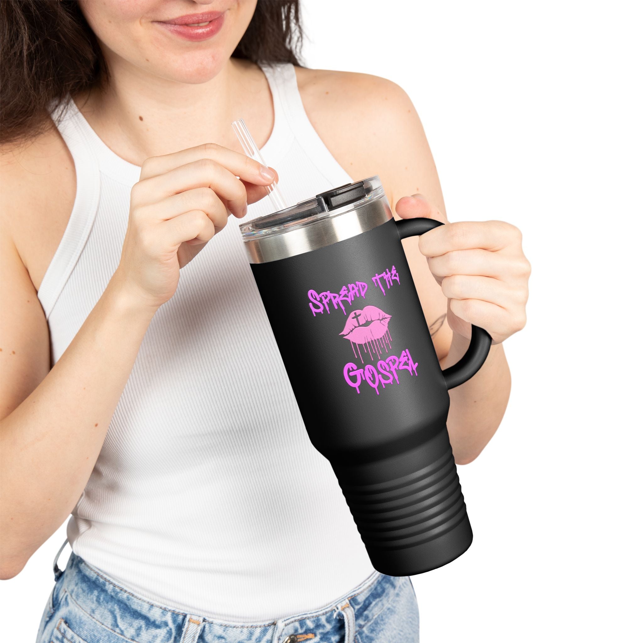 40oz Insulated Travel Mug — “Spread the Gospel” Pink Lip Graphic