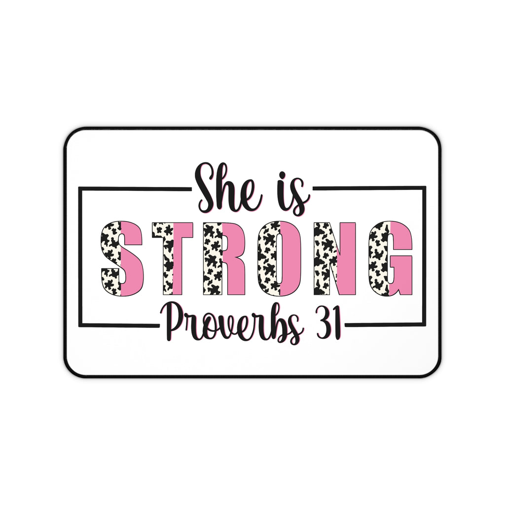 Desk Mat — “She Is Strong” Proverbs 31 Inspirational Pink & Leopard Office Desk Mat