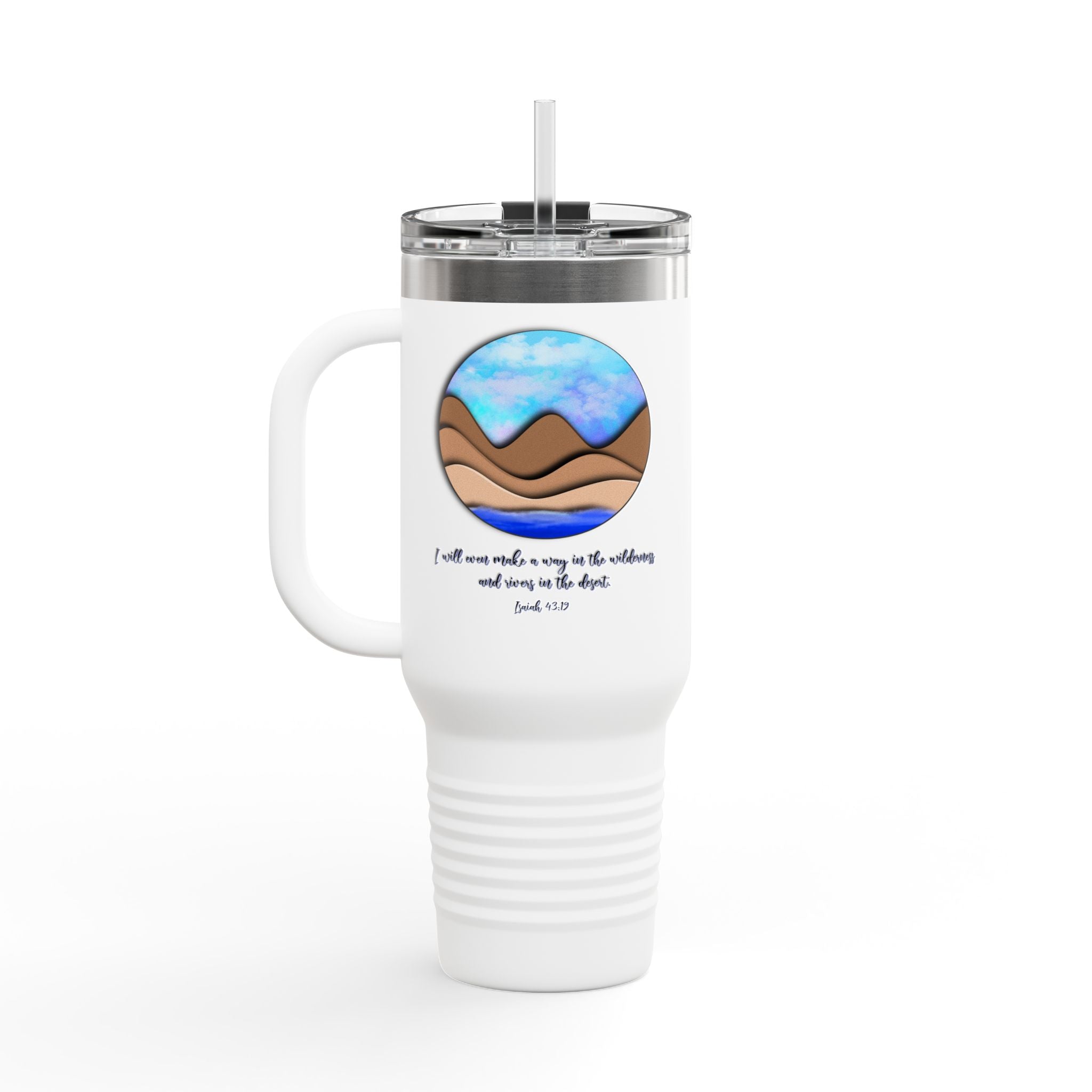 40oz Insulated Travel Mug — Mountain Waves Sunset Design with Scripture