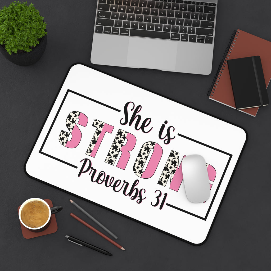 Desk Mat — “She Is Strong” Proverbs 31 Inspirational Pink & Leopard Office Desk Mat