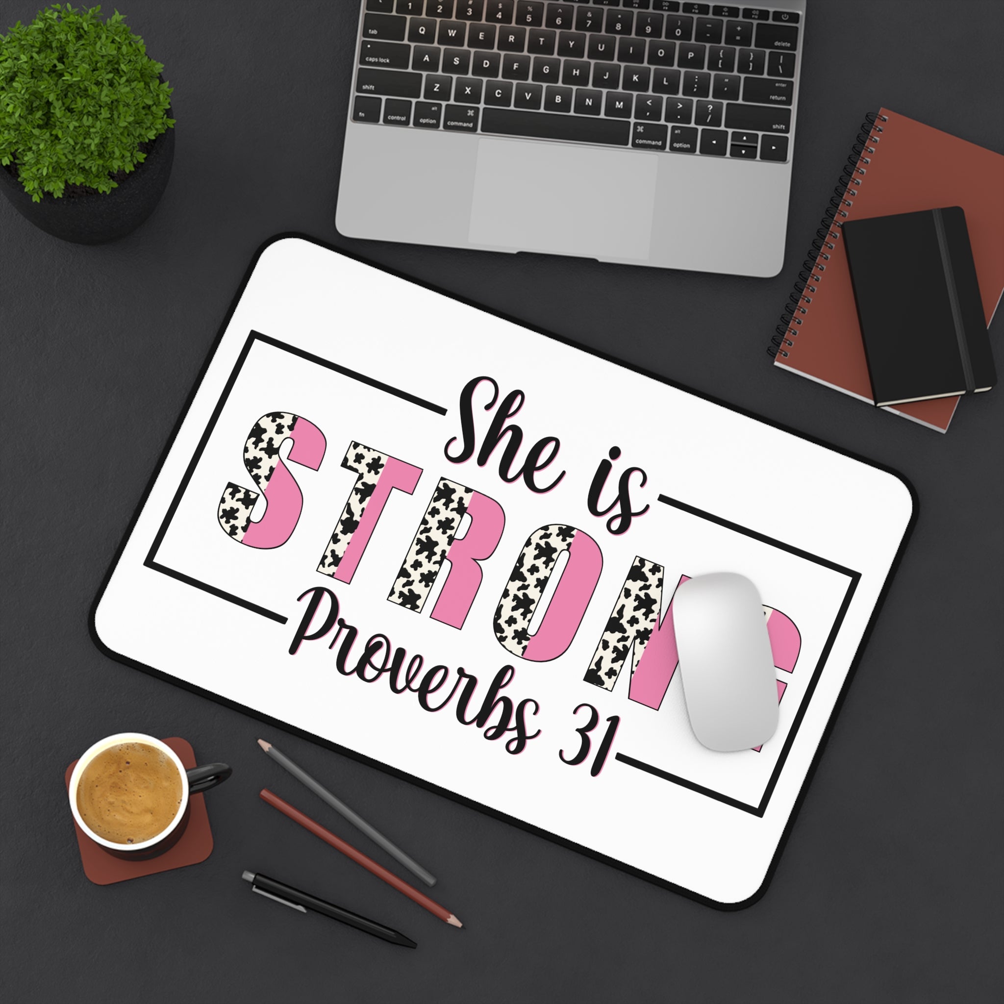 Desk Mat — “She Is Strong” Proverbs 31 Inspirational Pink & Leopard Office Desk Mat