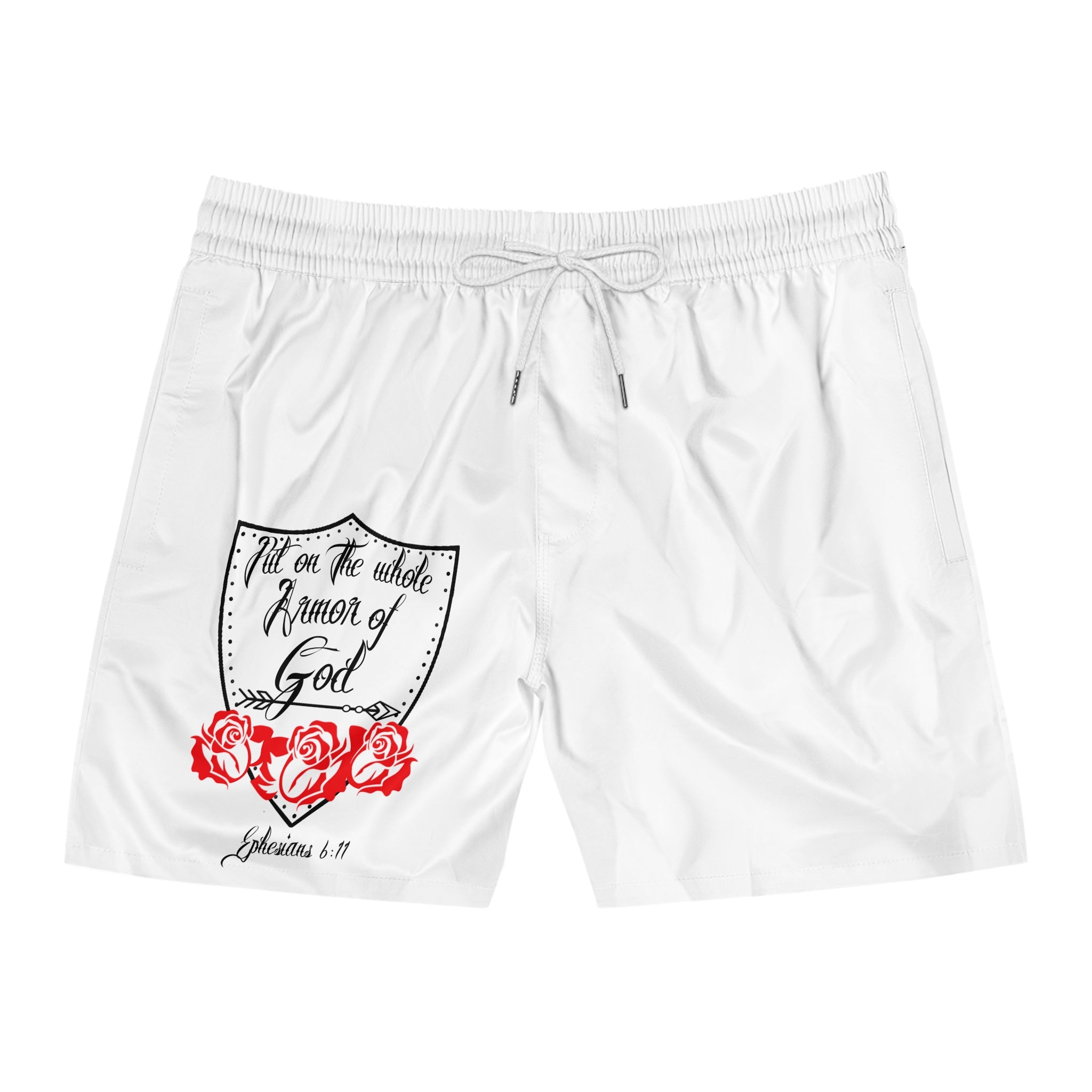 Christian Swim Shorts — "Put on the Whole Armor of God" Floral Men's Swim Trunks