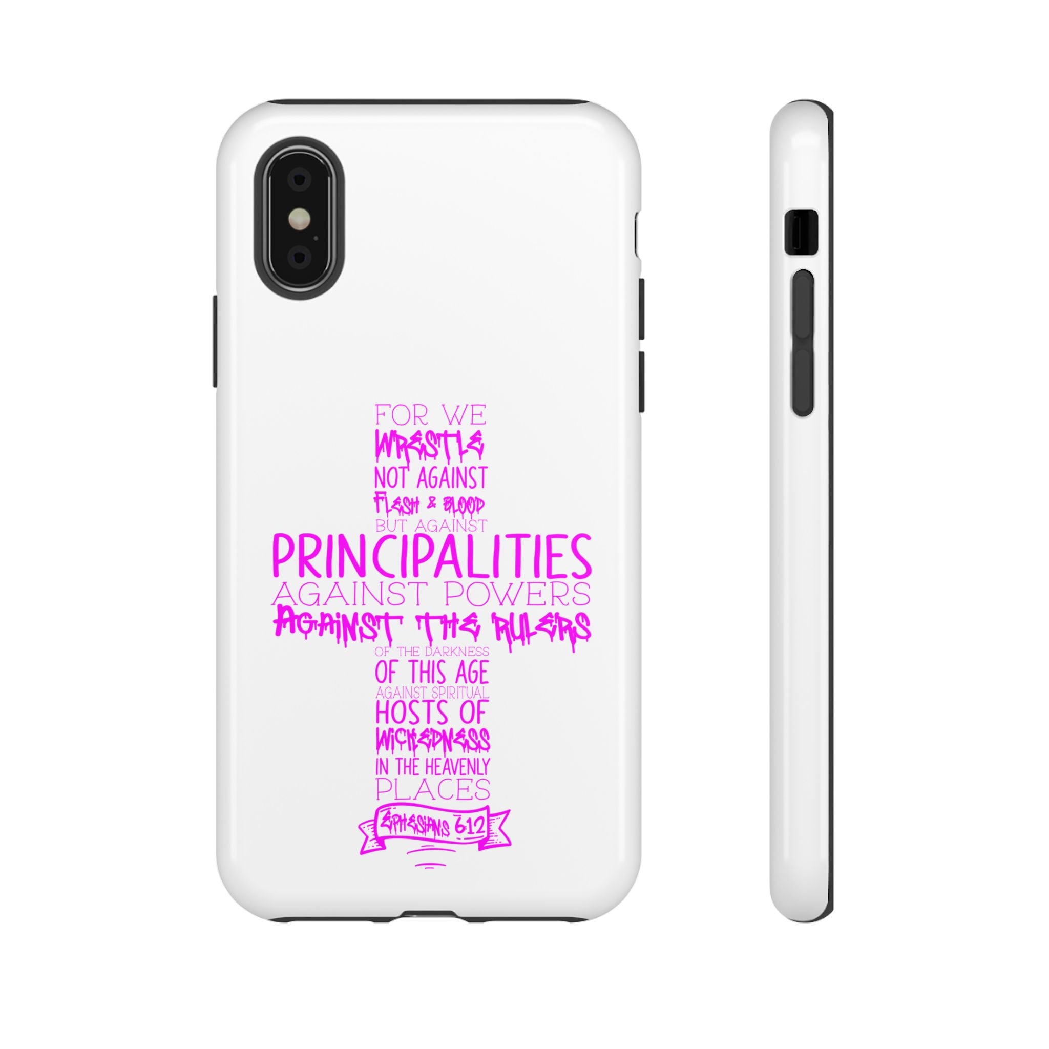 Armor of God Christian Cross Phone Case — Ephesians 6:12 Pink Typography Tough Case