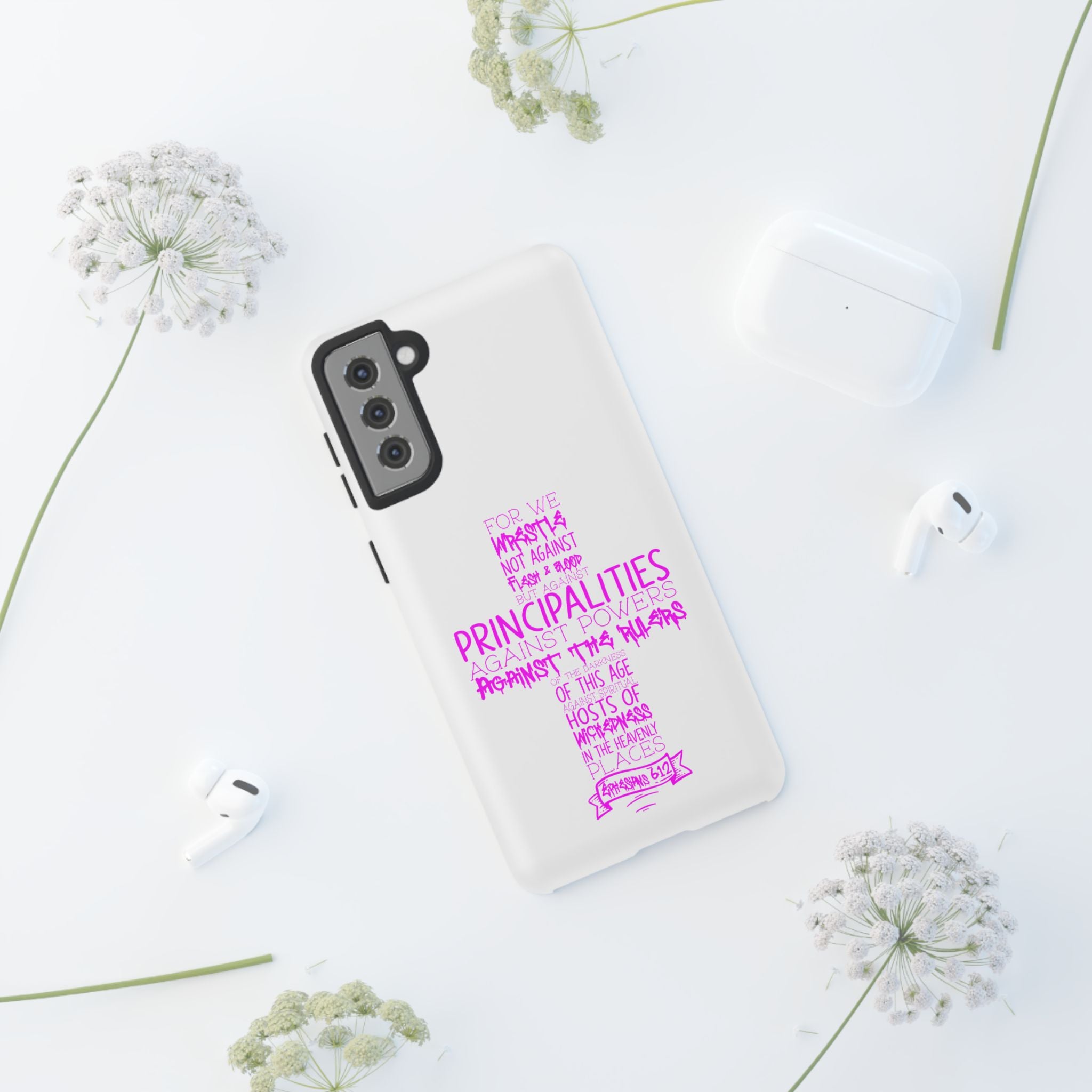 Armor of God Christian Cross Phone Case — Ephesians 6:12 Pink Typography Tough Case