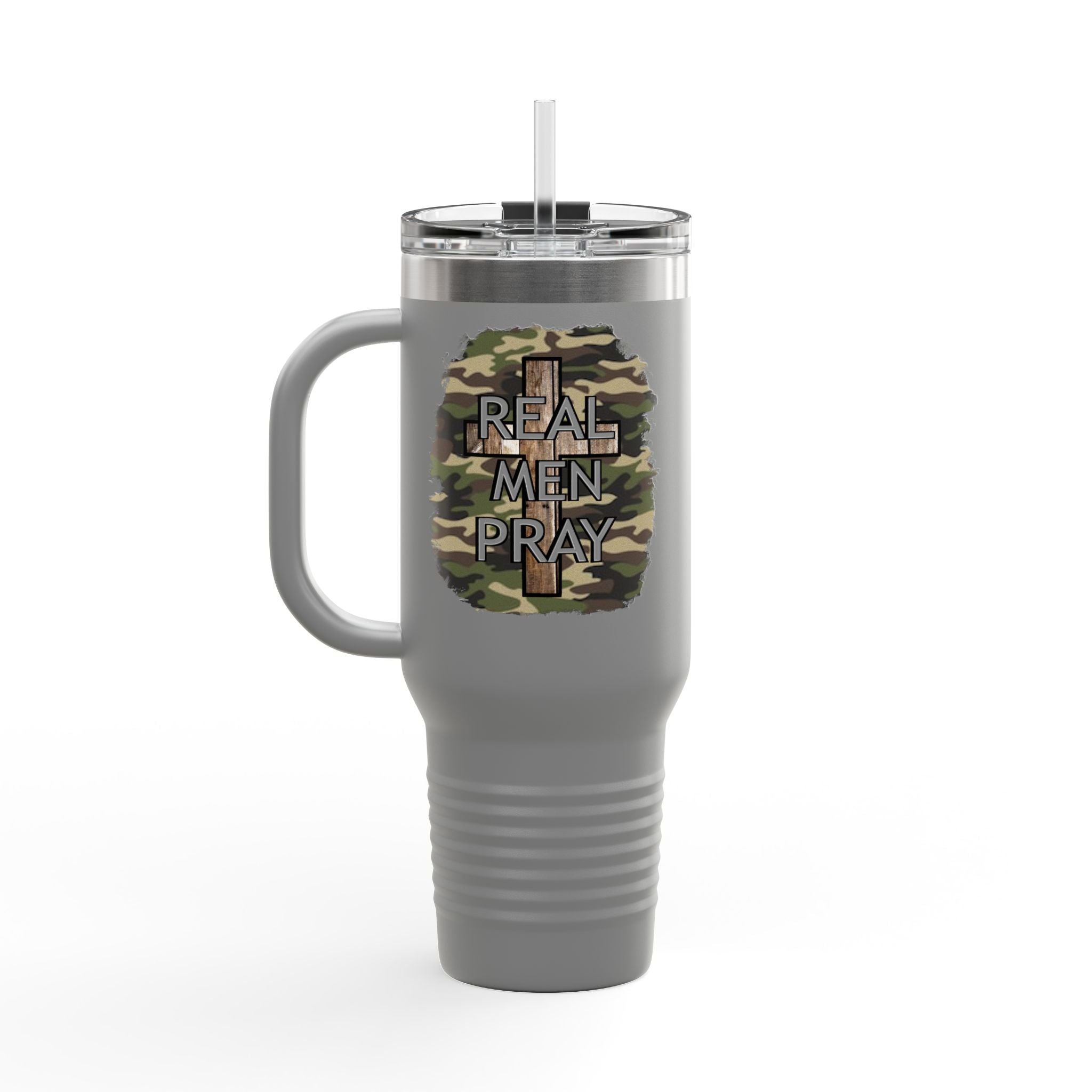 40oz Insulated Travel Mug — "Real Men Pray" Camouflage Cross Design