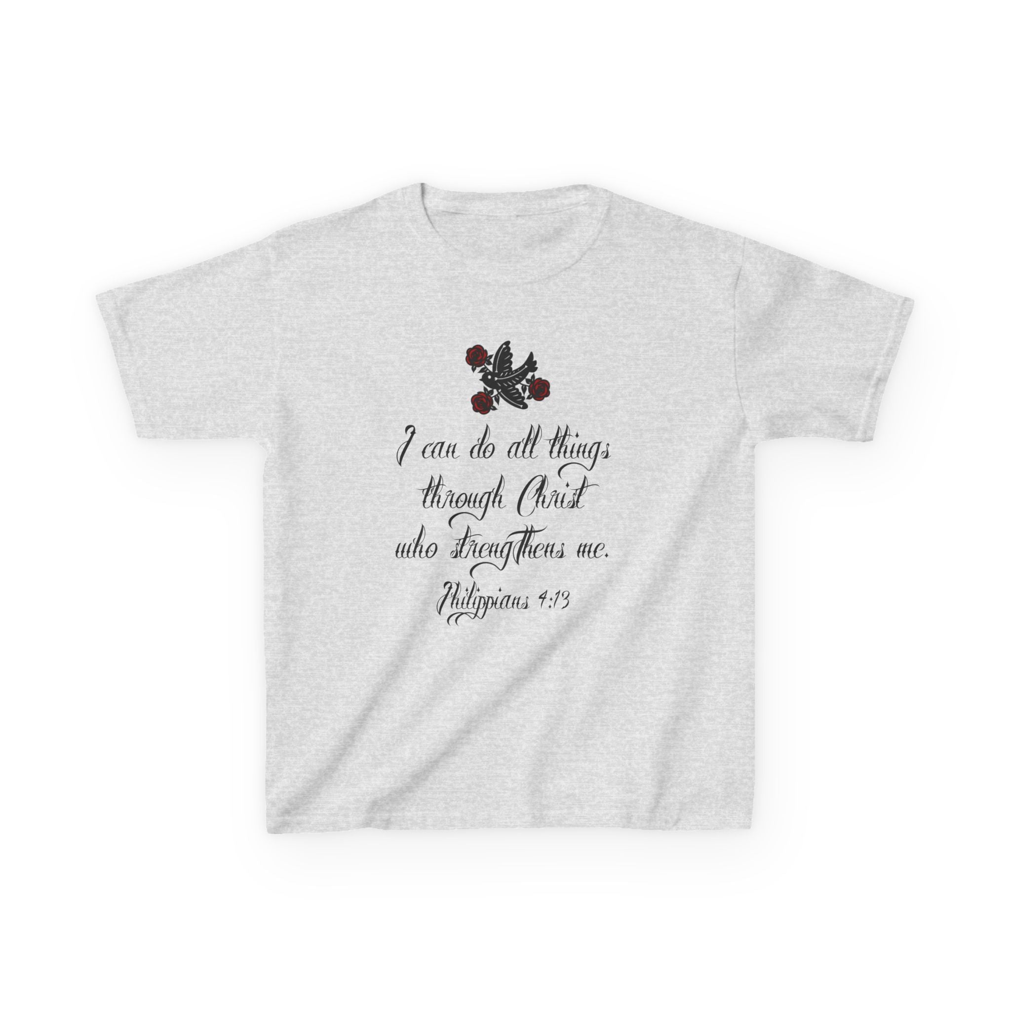 Kids Tee — "I can do all things through Christ" Scripture Floral Christian Shirt