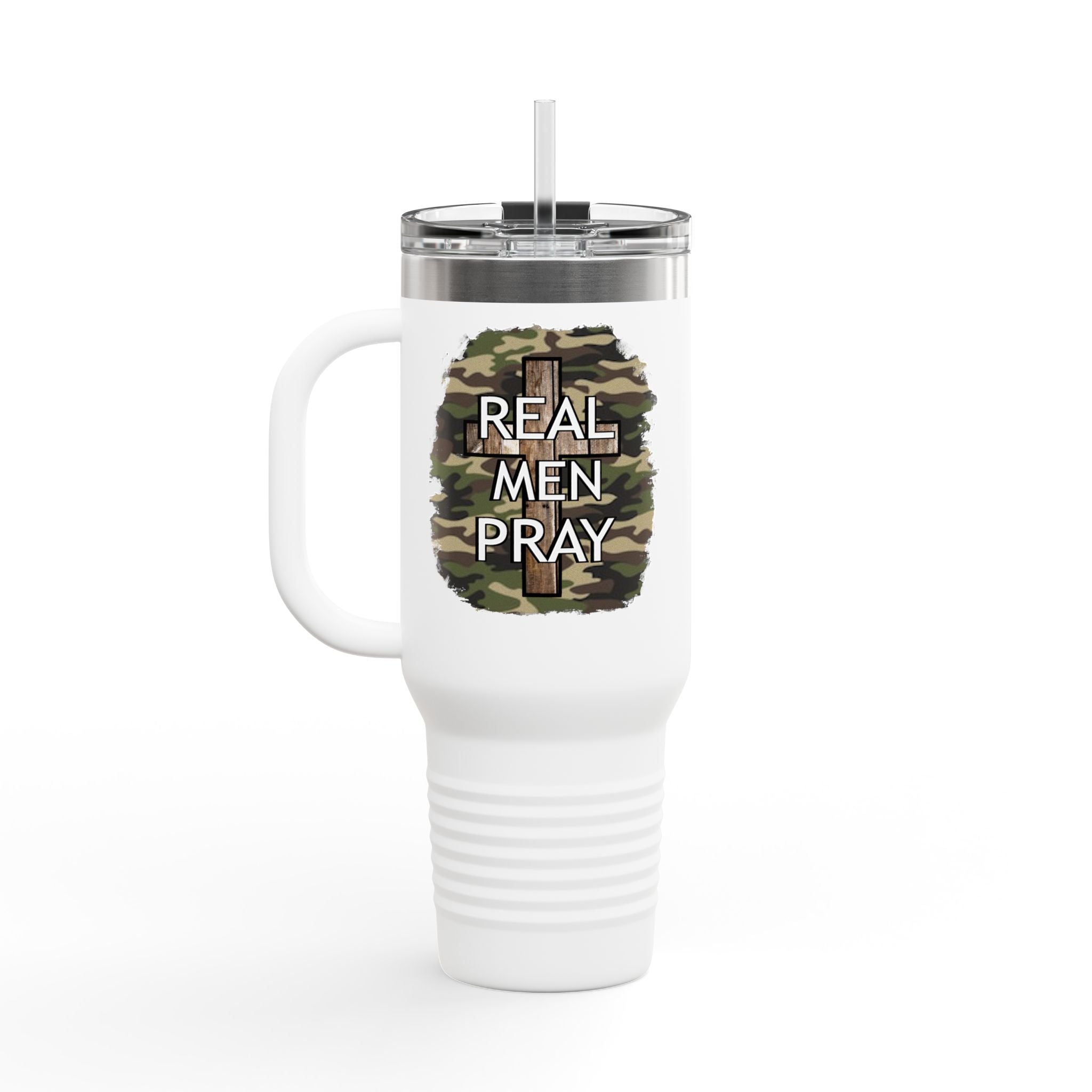 40oz Insulated Travel Mug — "Real Men Pray" Camouflage Cross Design