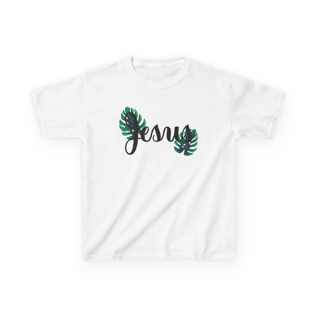 Kids "Jesus" Tee with Tropical Monstera Leaves - Christian Kids T-Shirt