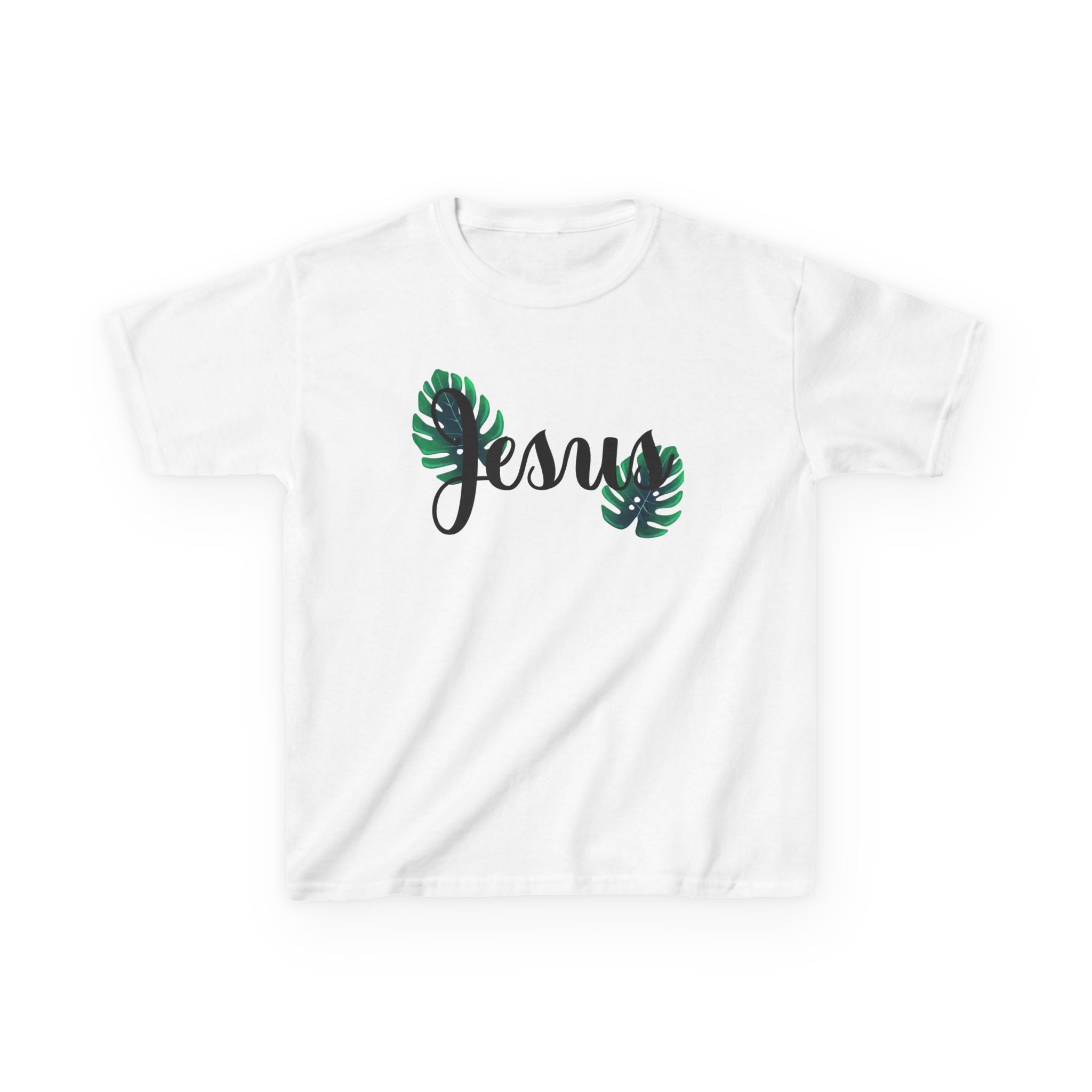 Kids "Jesus" Tee with Tropical Monstera Leaves - Christian Kids T-Shirt