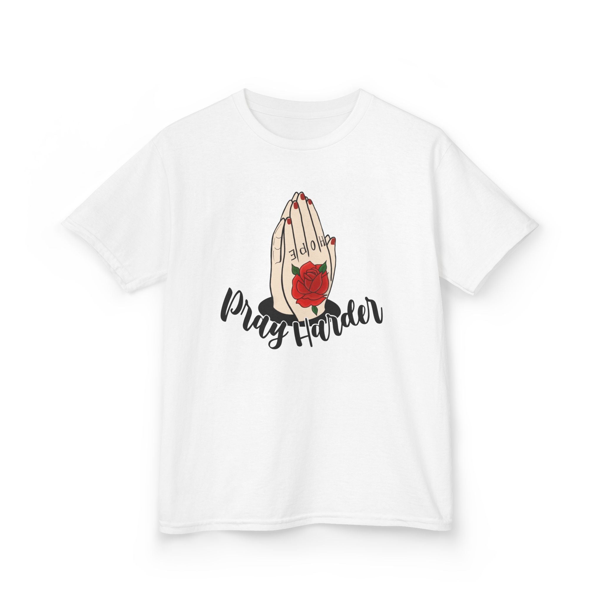 Kids Tee — 'Pray Harder' Praying Hands with Rose Graphic