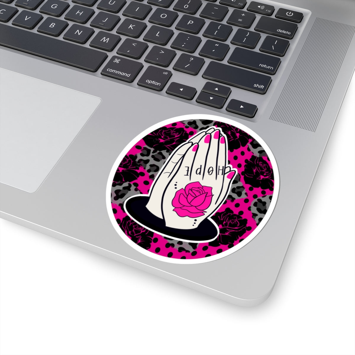 Praying Hands Rose Sticker — Pink Leopard Kiss-Cut Vinyl Sticker
