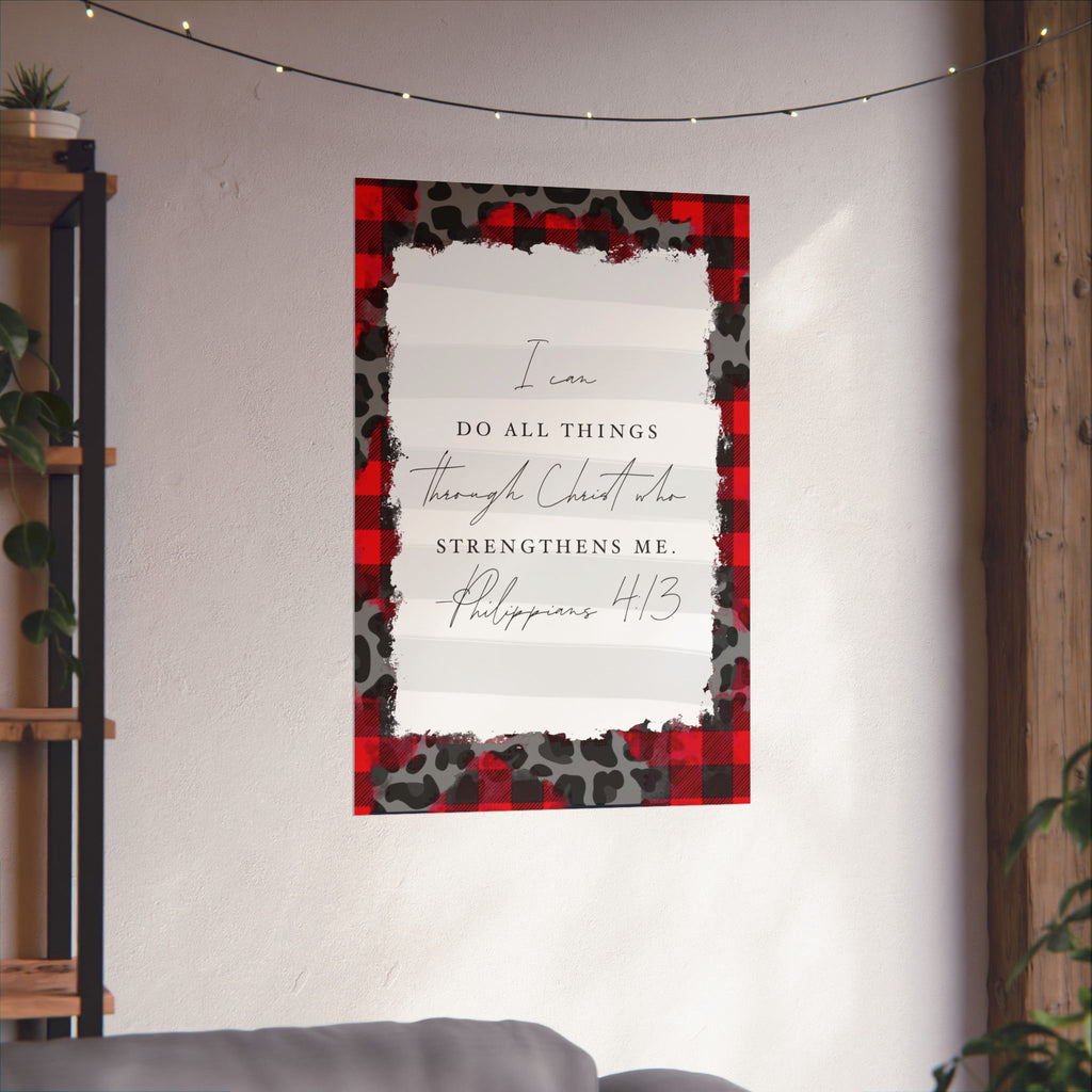 Inspirational Poster - "I can do all things through Christ" Plaid & Leopard Matte Vertical Print