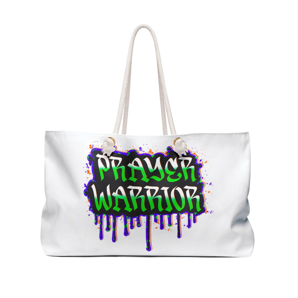 Prayer Warrior Weekender Bag — Graffiti Script Travel Tote for Christian Retreats & Church Events