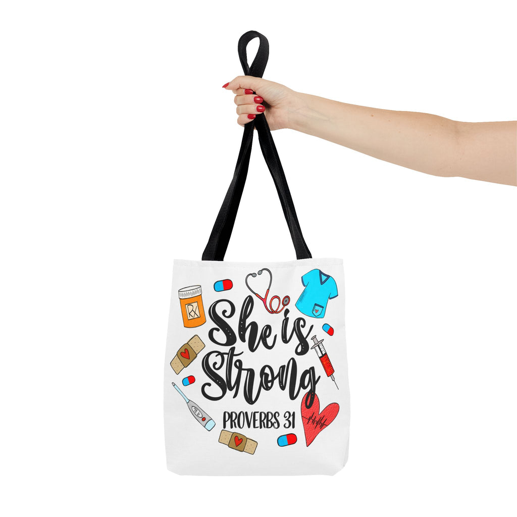 She Is Strong Tote Bag - Proverbs 31 Nurse & Healthcare Inspirational Canvas Tote
