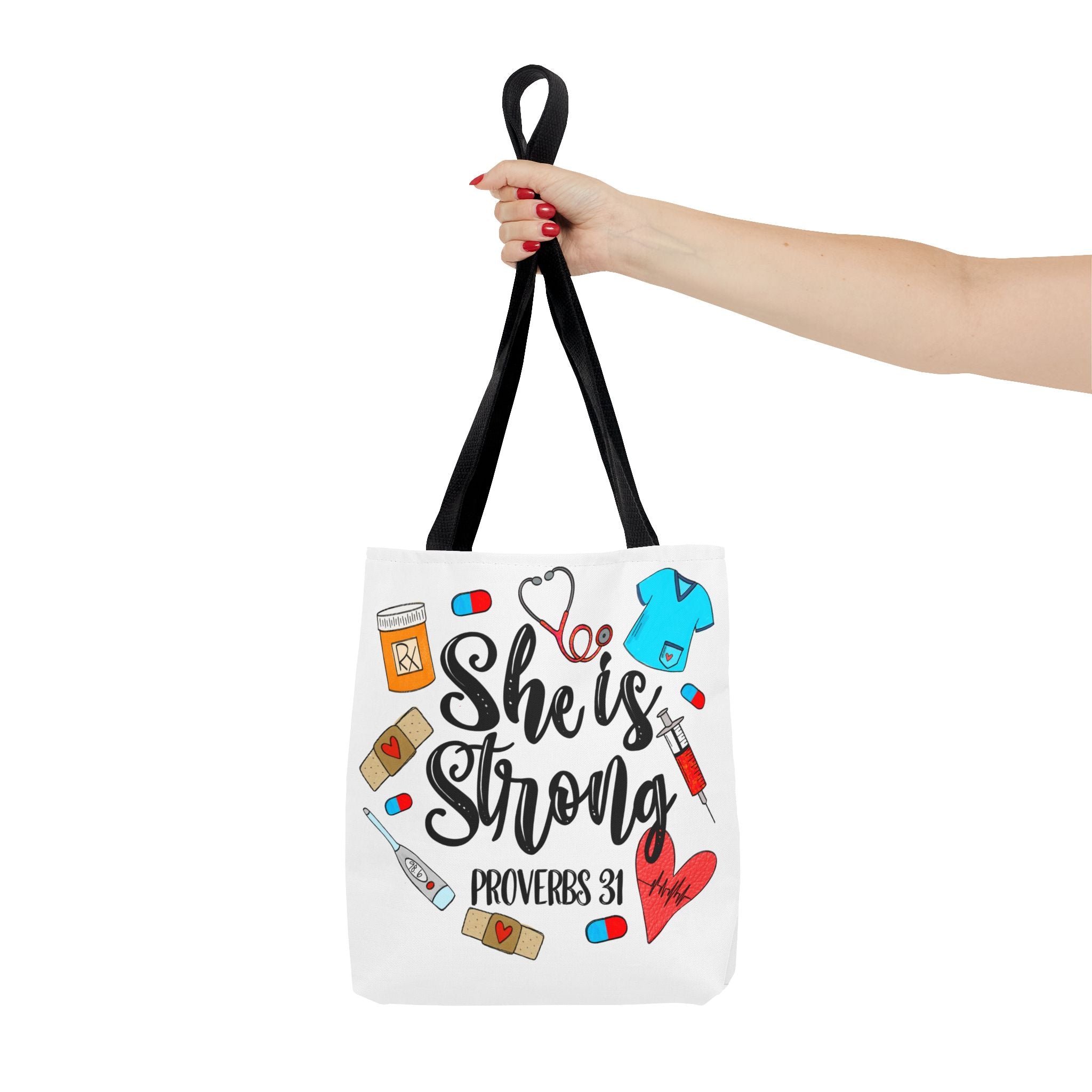 She Is Strong Tote Bag - Proverbs 31 Nurse & Healthcare Inspirational Canvas Tote