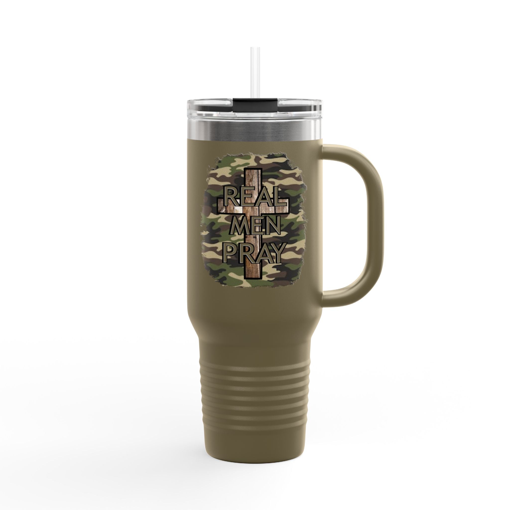 40oz Insulated Travel Mug — "Real Men Pray" Camouflage Cross Design