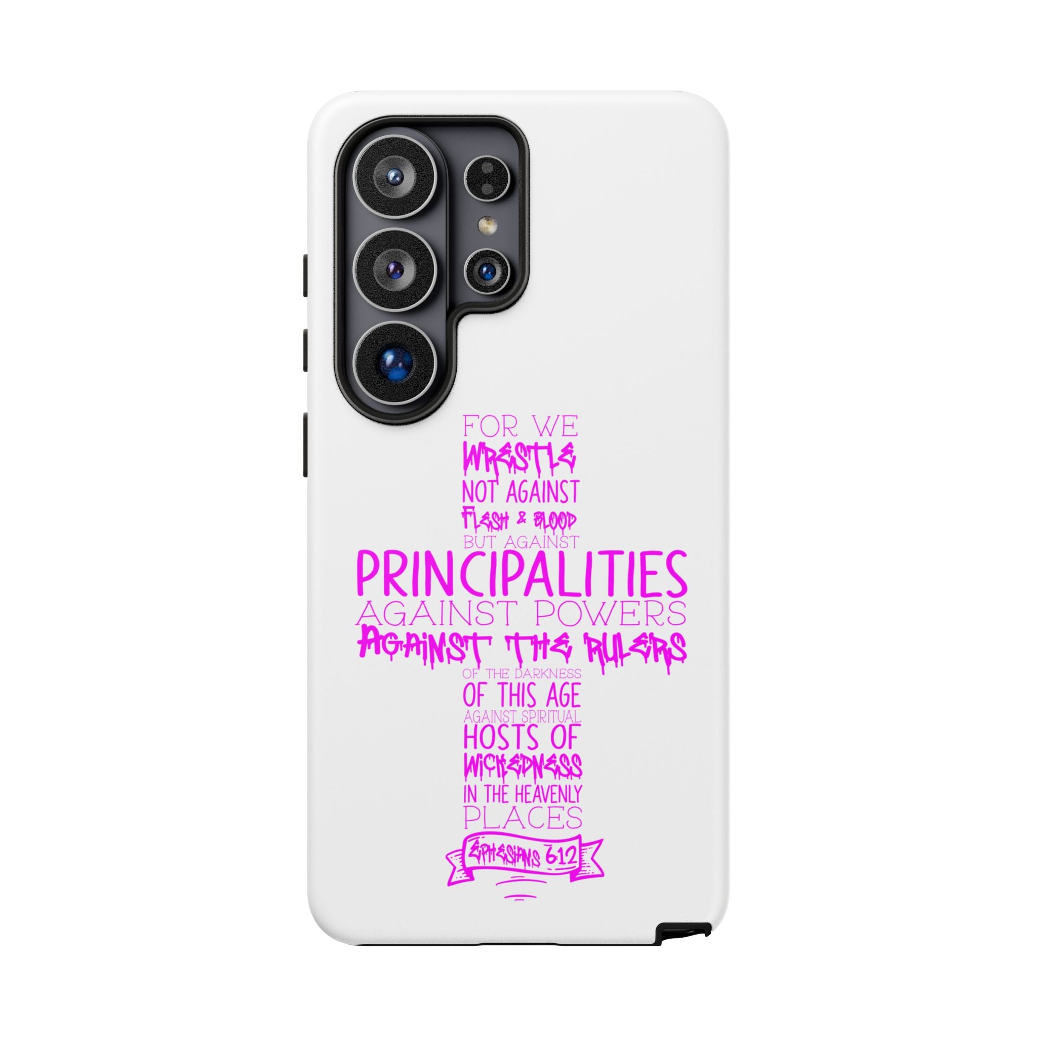 Armor of God Christian Cross Phone Case — Ephesians 6:12 Pink Typography Tough Case