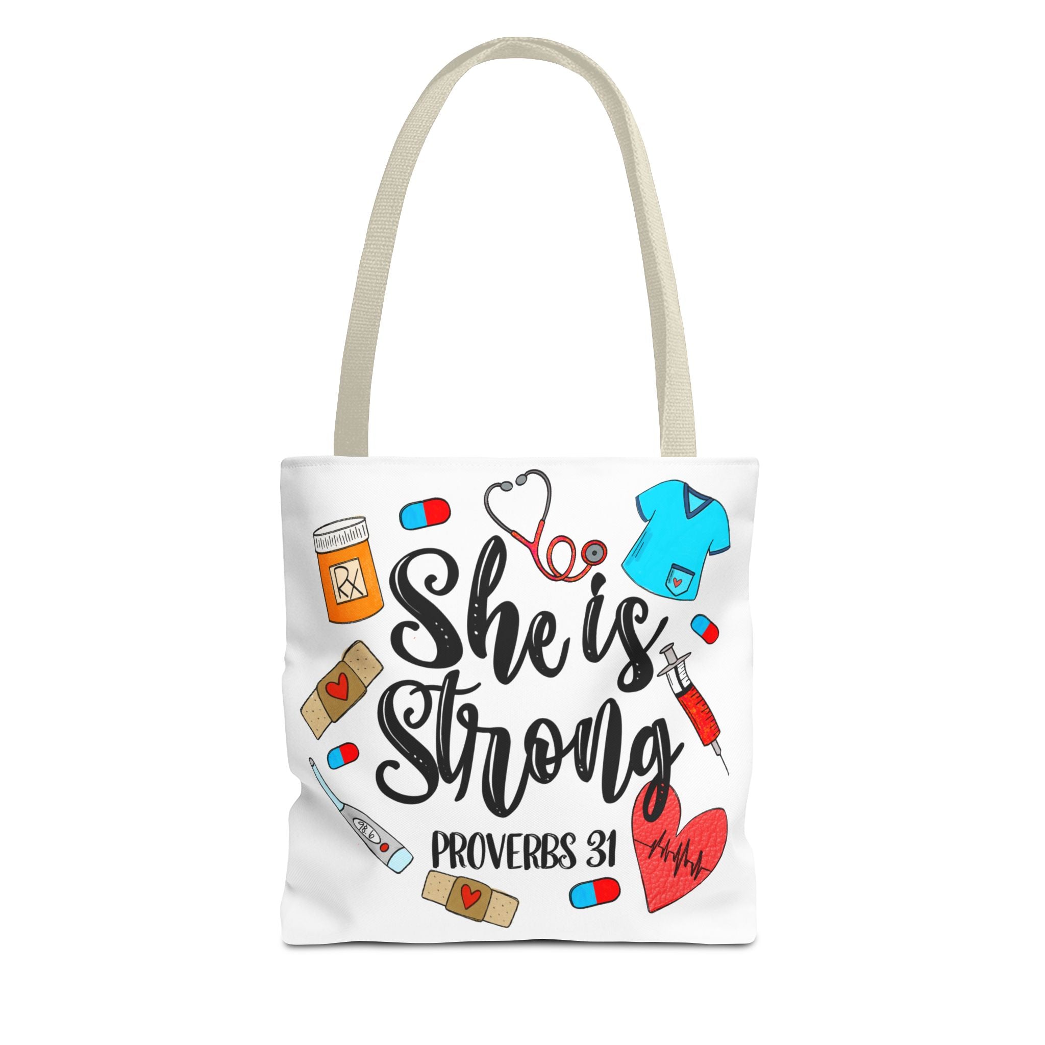 She Is Strong Tote Bag - Proverbs 31 Nurse & Healthcare Inspirational Canvas Tote