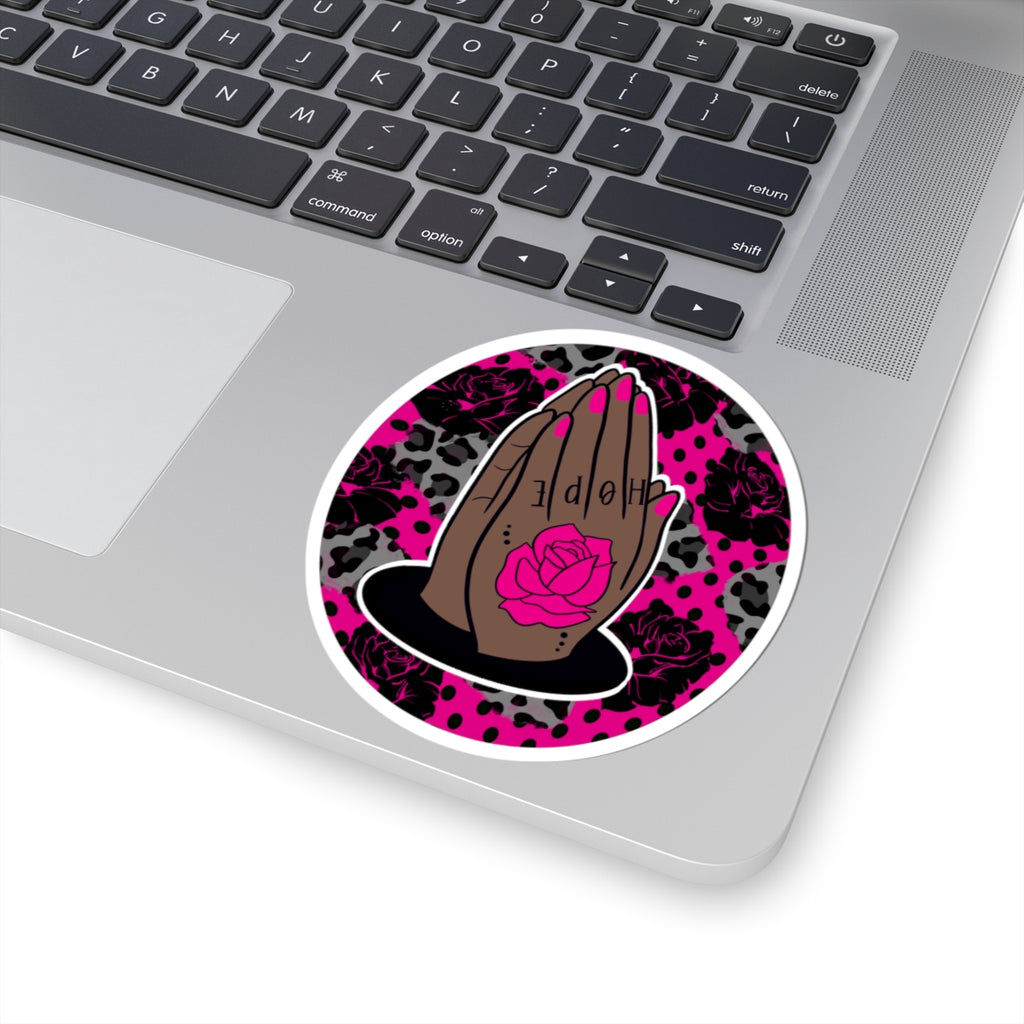 Praying Hands Rose Sticker — Pink Leopard Kiss-Cut Vinyl Sticker